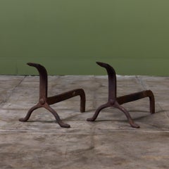 Wrought Iron Goose-Neck Andirons, Rustic 18th-19th Century Style
