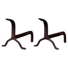 Wrought Iron Goose-Neck Andirons, Rustic 18th-19th Century Style