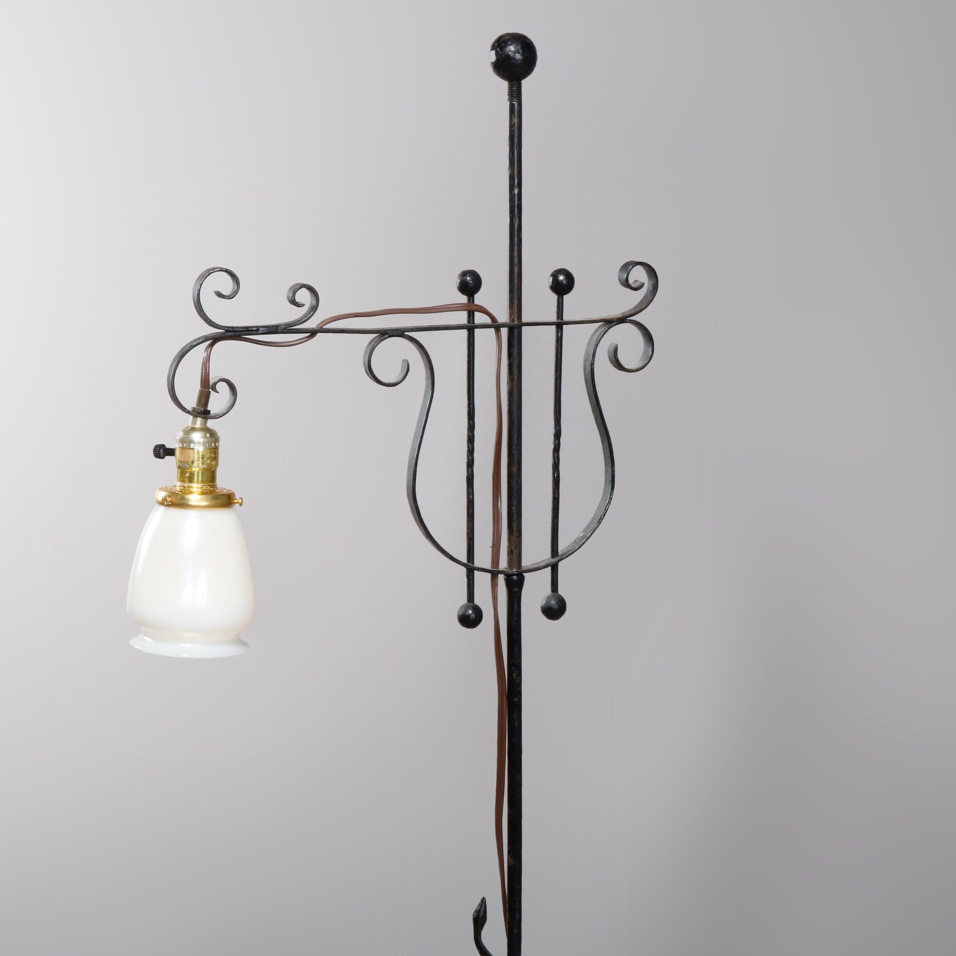 Arts and Crafts Wrought Iron Goose Neck Floor Lamp with Art Glass Shade, circa 1920