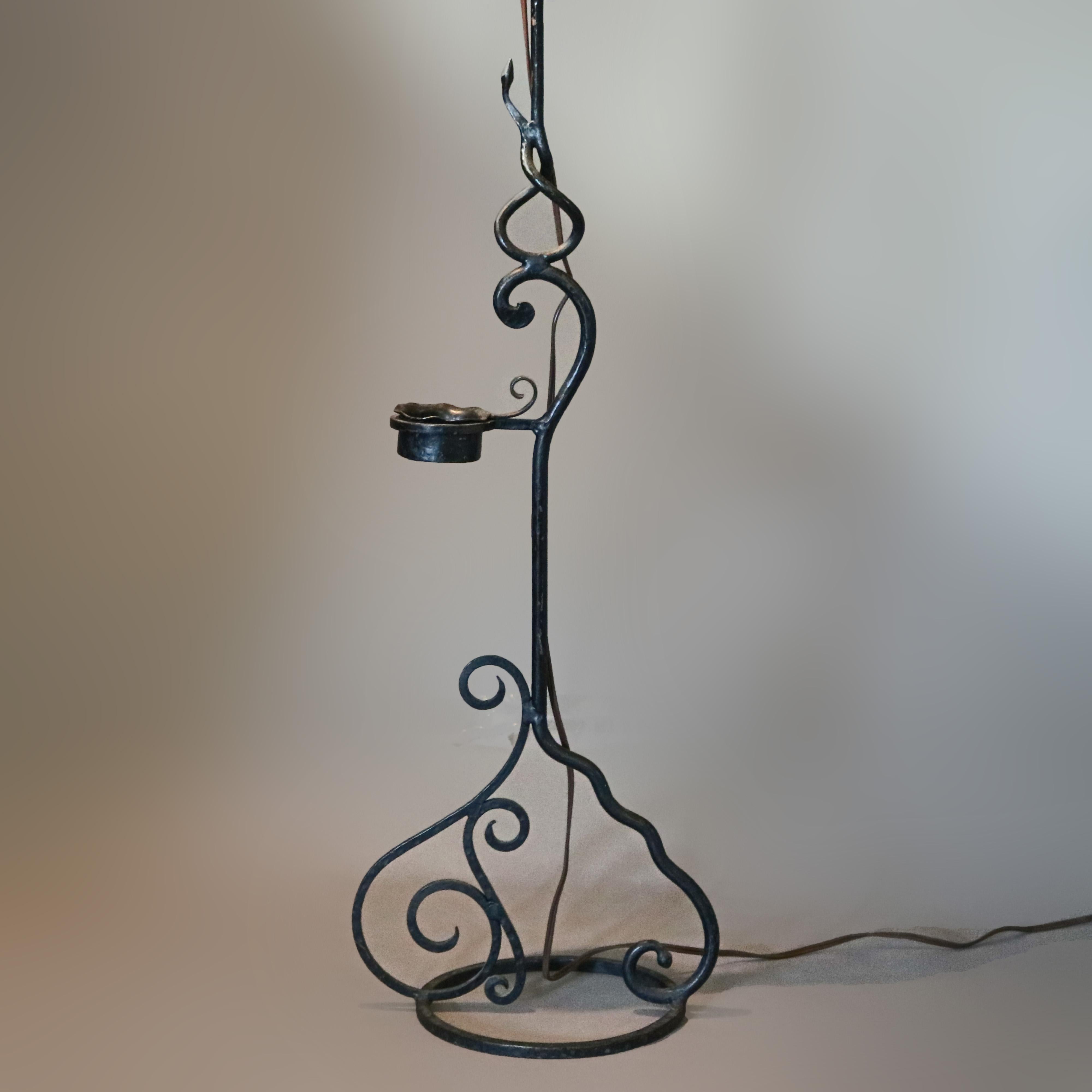 American Wrought Iron Goose Neck Floor Lamp with Art Glass Shade, circa 1920