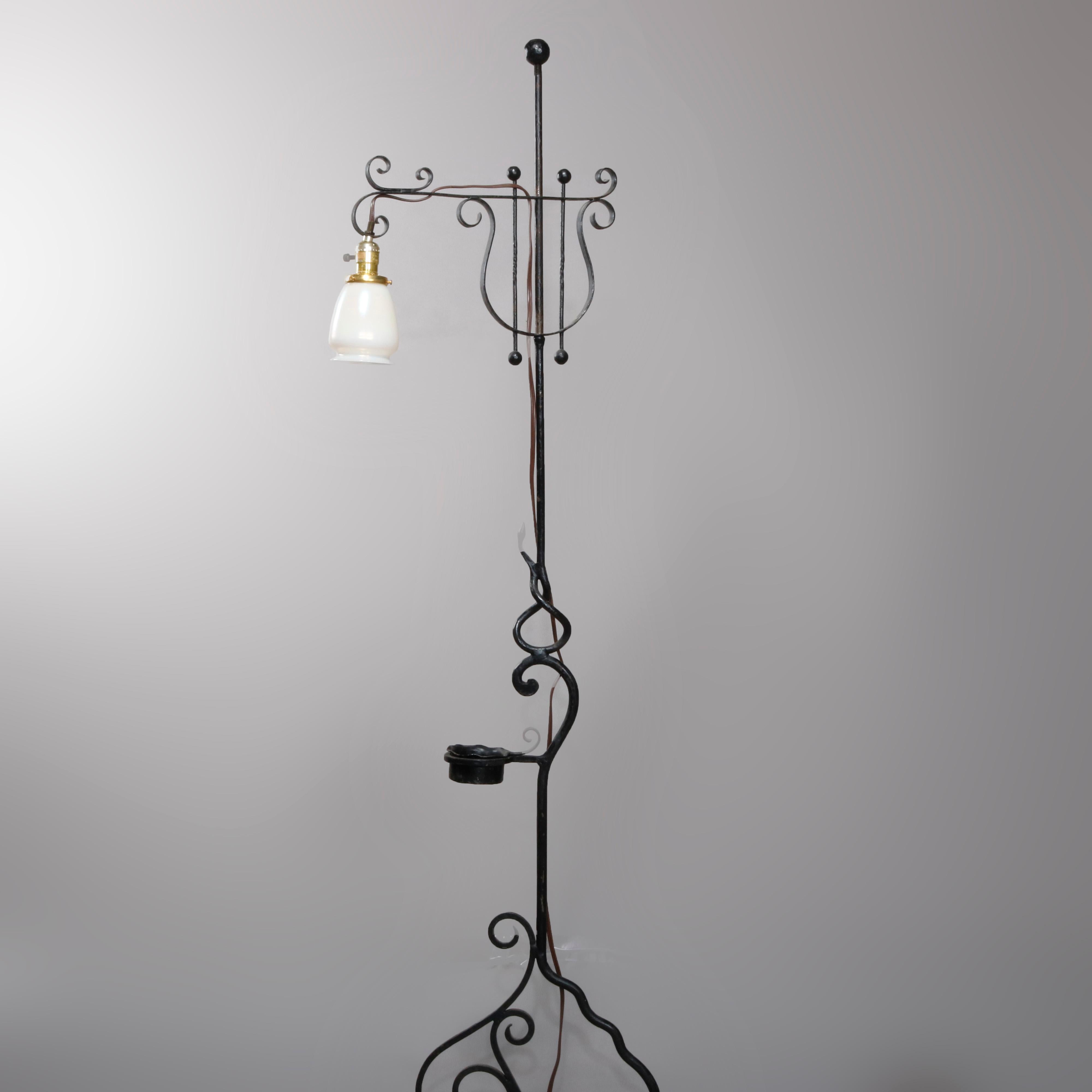 Wrought Iron Goose Neck Floor Lamp with Art Glass Shade, circa 1920 In Good Condition In Big Flats, NY