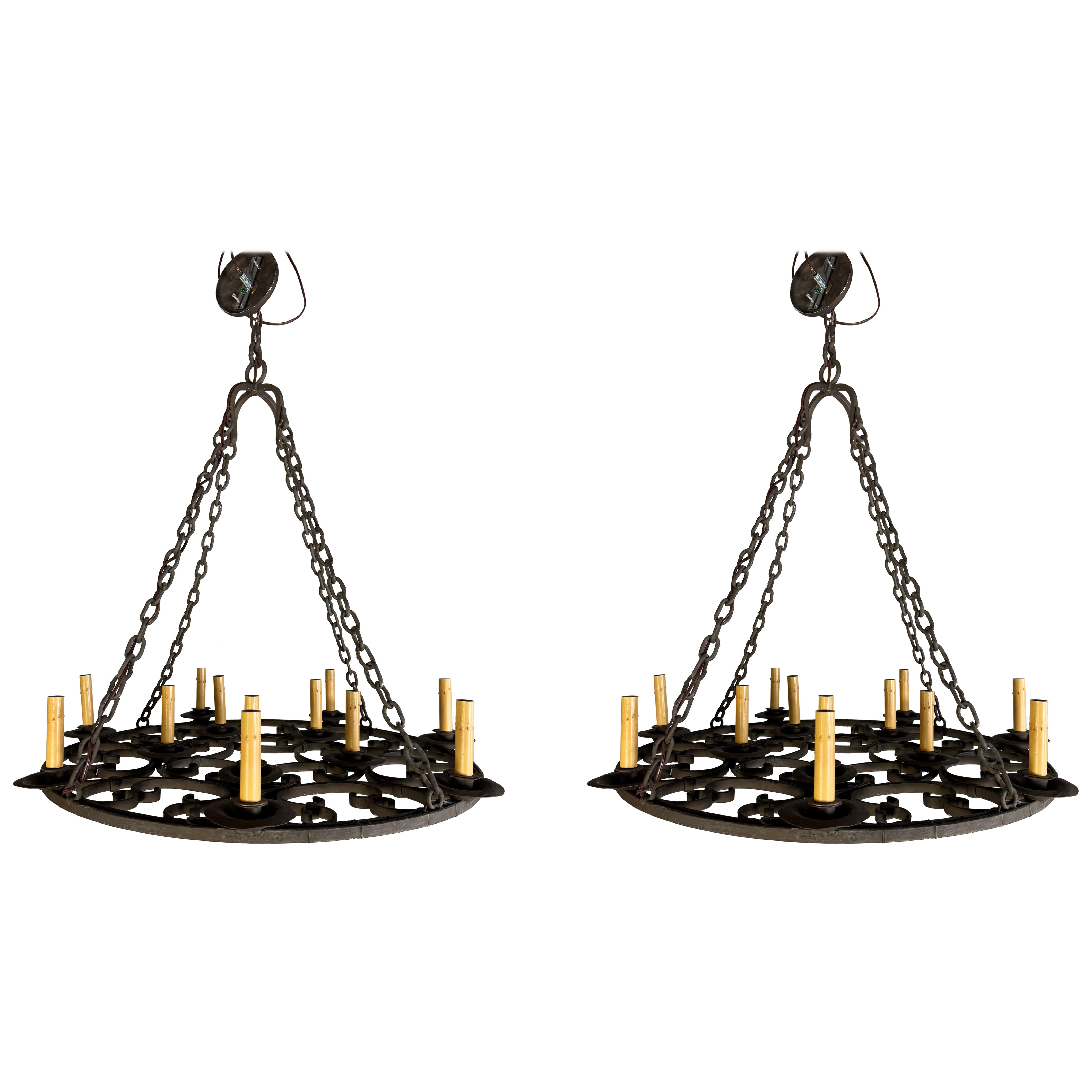 Wrought Iron Gothic Style Chandelier C. 1930
s-Pair is Available