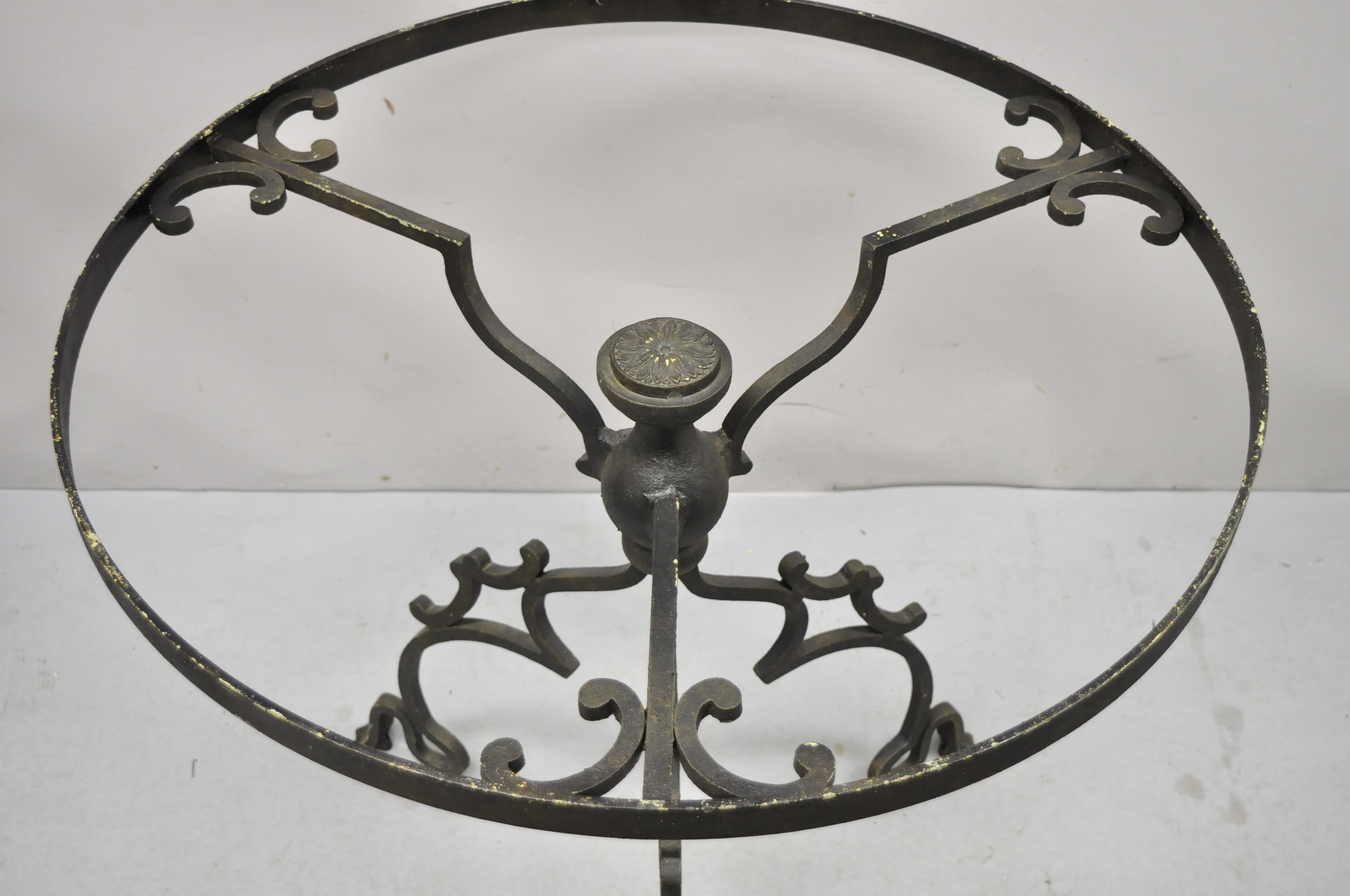 Wrought Iron Gothic Style Scrolling Base Round Glass Top Center Table In Good Condition For Sale In Philadelphia, PA