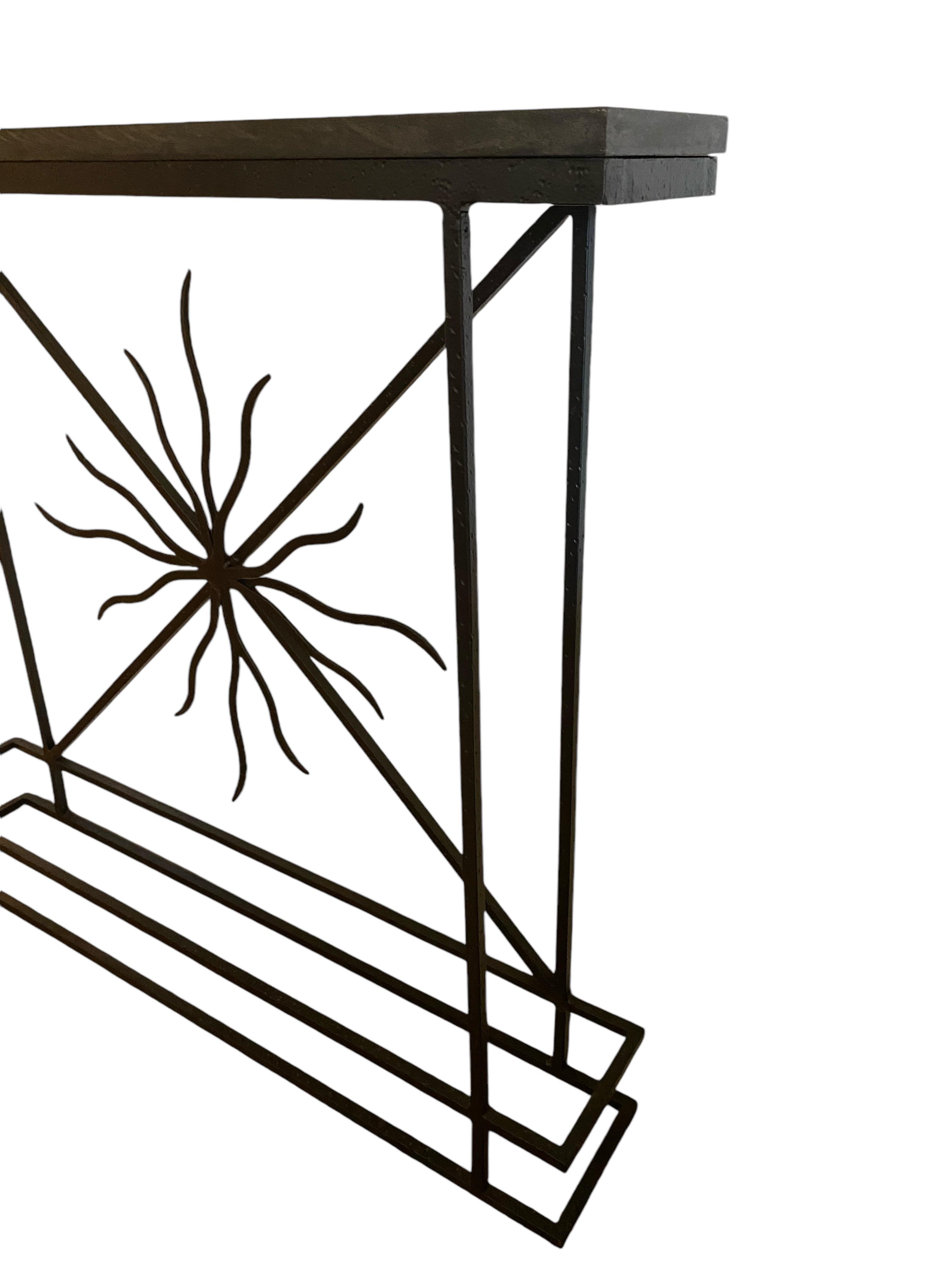 Art Deco Wrought Iron & Granite Console with Sunburst Motif For Sale