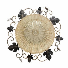 Wrought Iron Grape Leaf and Glass, Flush Mount Ceiling Light