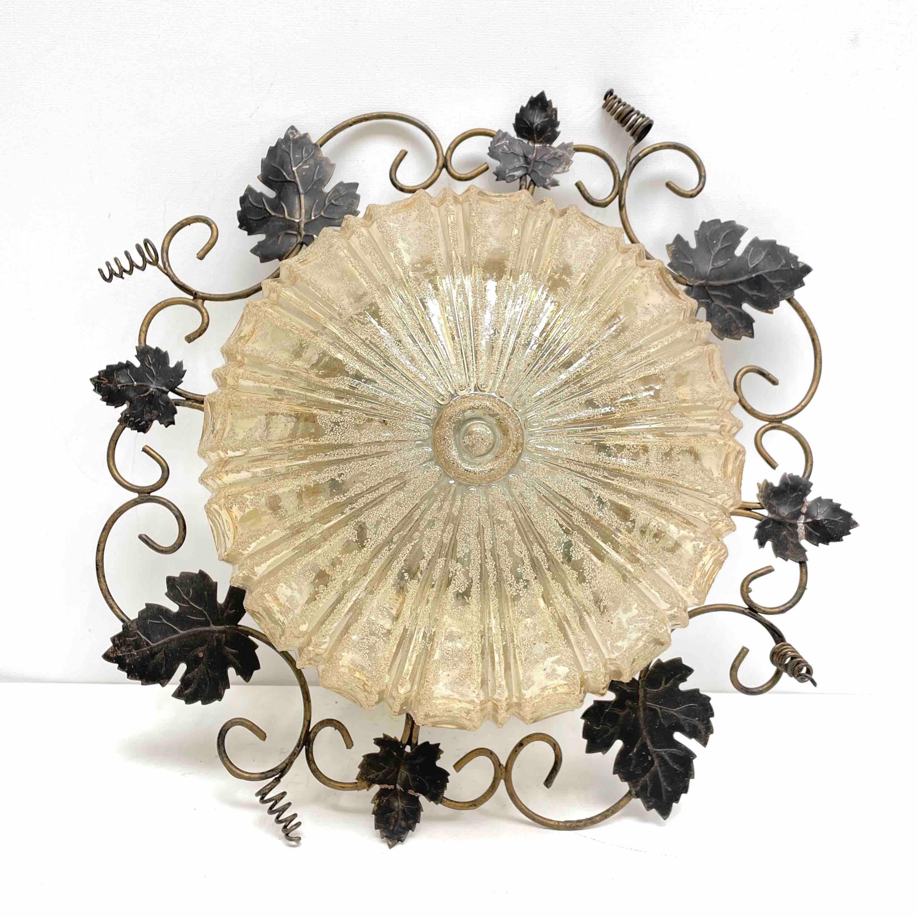 Mid-Century Modern Wrought Iron Grape Leaf and Glass, Flush Mount Ceiling Light
