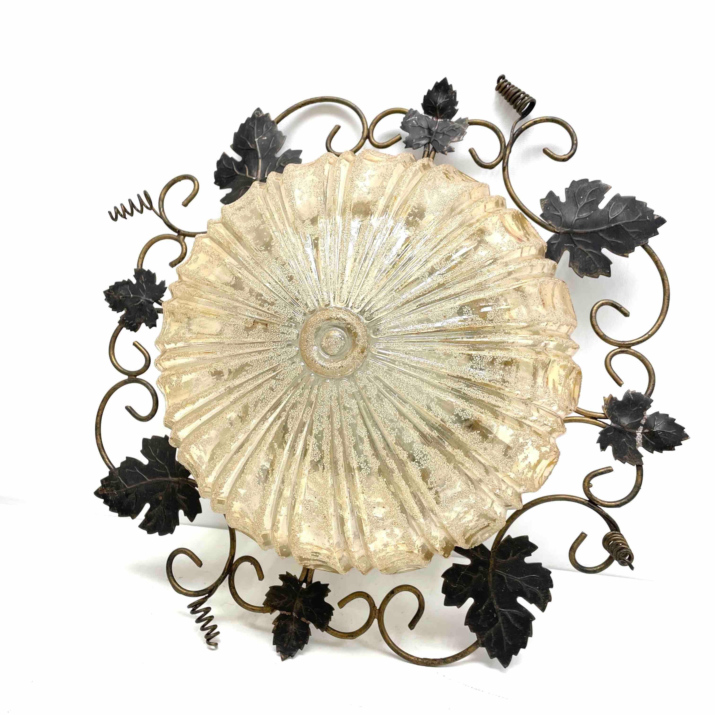 German Wrought Iron Grape Leaf and Glass, Flush Mount Ceiling Light