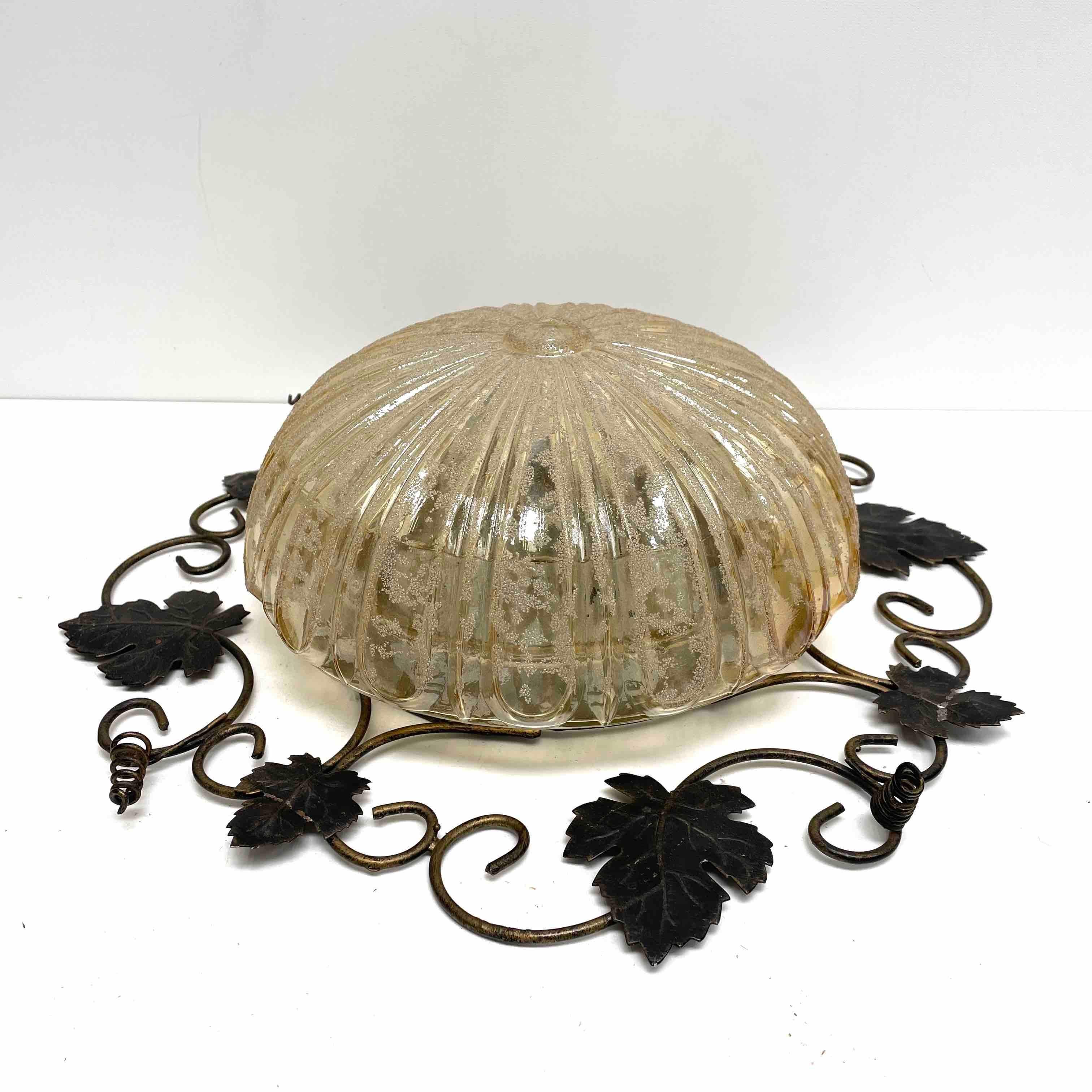 Wrought Iron Grape Leaf and Glass, Flush Mount Ceiling Light In Good Condition In Nuernberg, DE