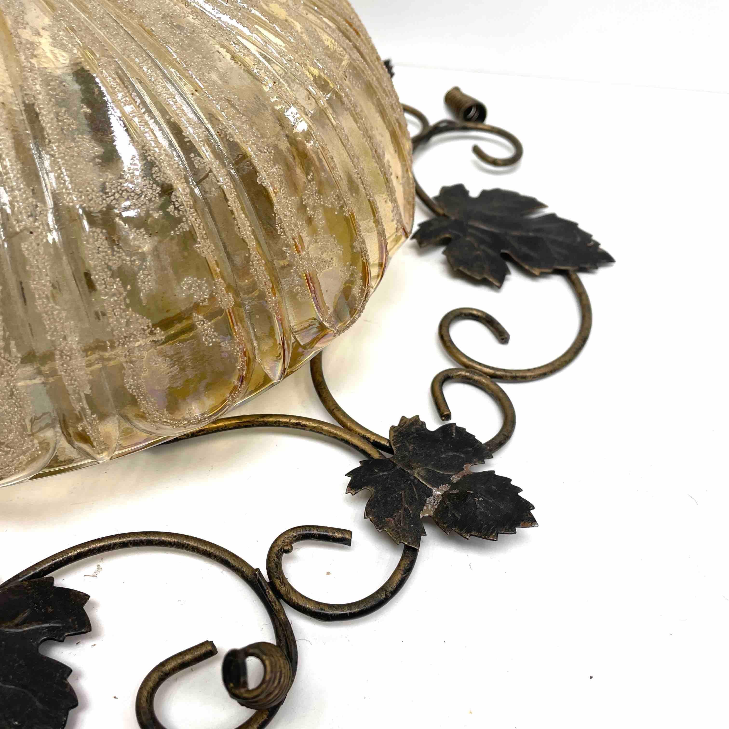 Mid-20th Century Wrought Iron Grape Leaf and Glass, Flush Mount Ceiling Light