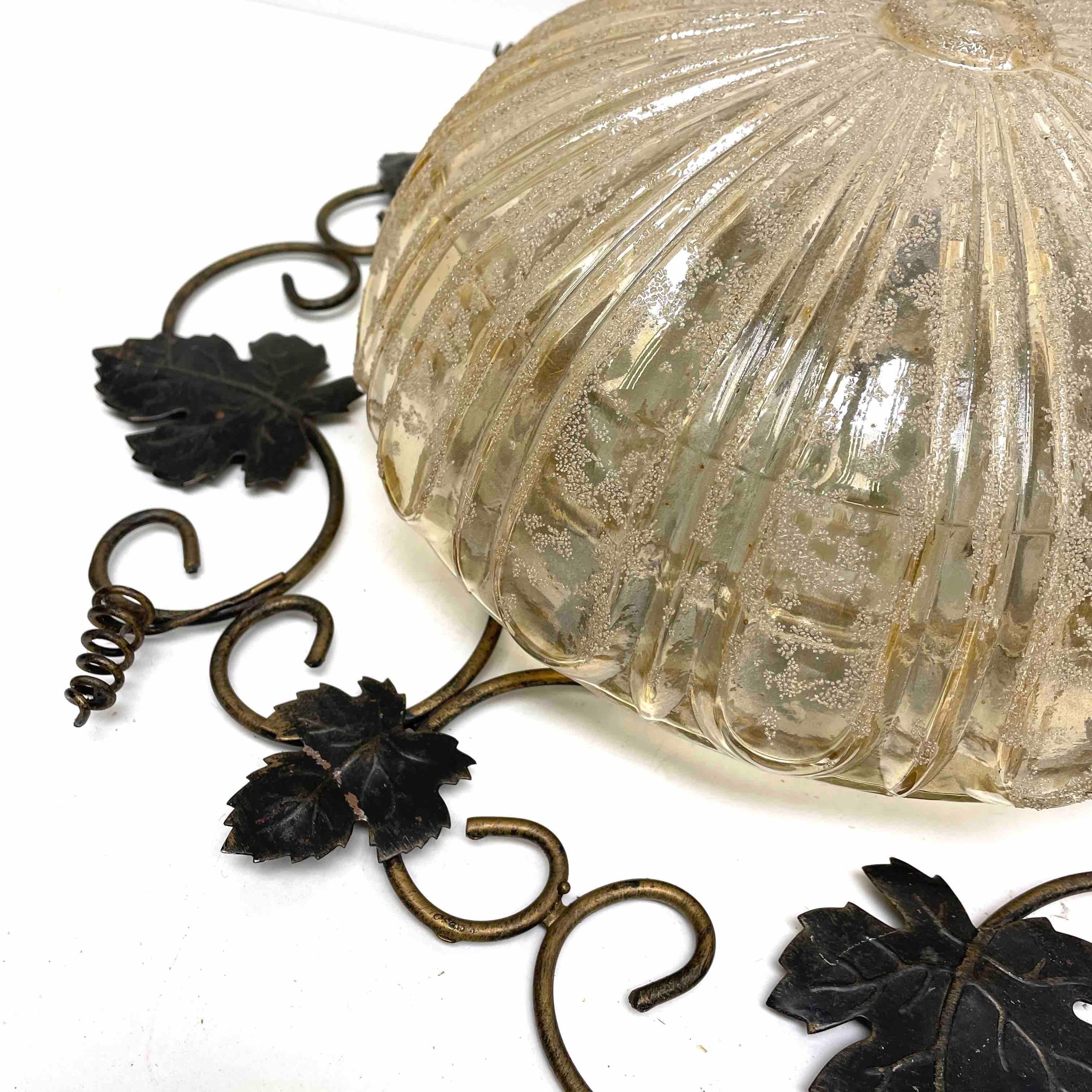 Metal Wrought Iron Grape Leaf and Glass, Flush Mount Ceiling Light
