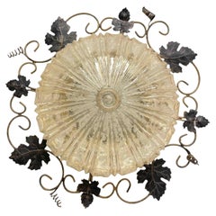 Wrought Iron Grape Leaf and Glass, Flush Mount Ceiling Light