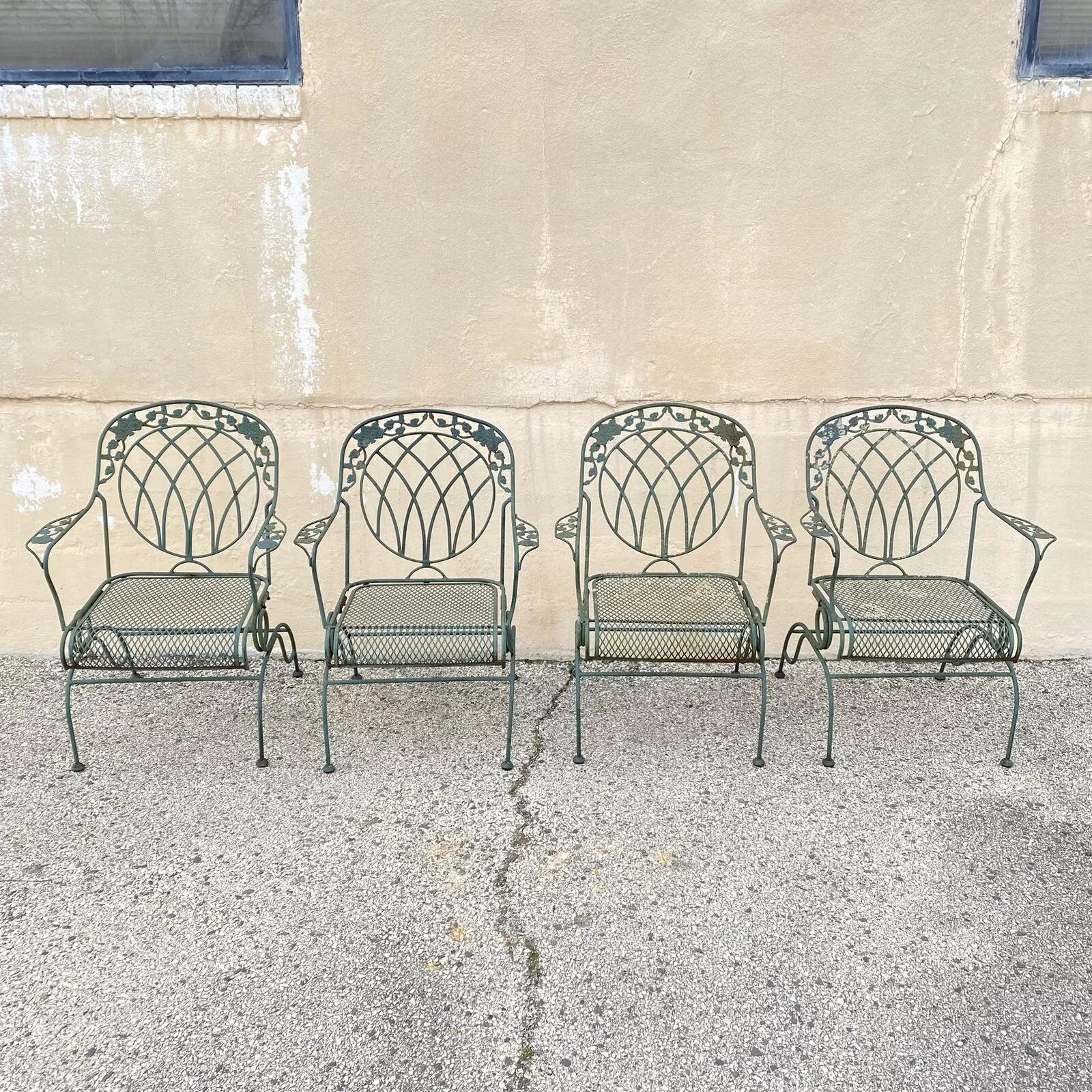 Wrought Iron Green Woodard Rose Style Garden Patio Springer Chairs - Set of 4 For Sale 5