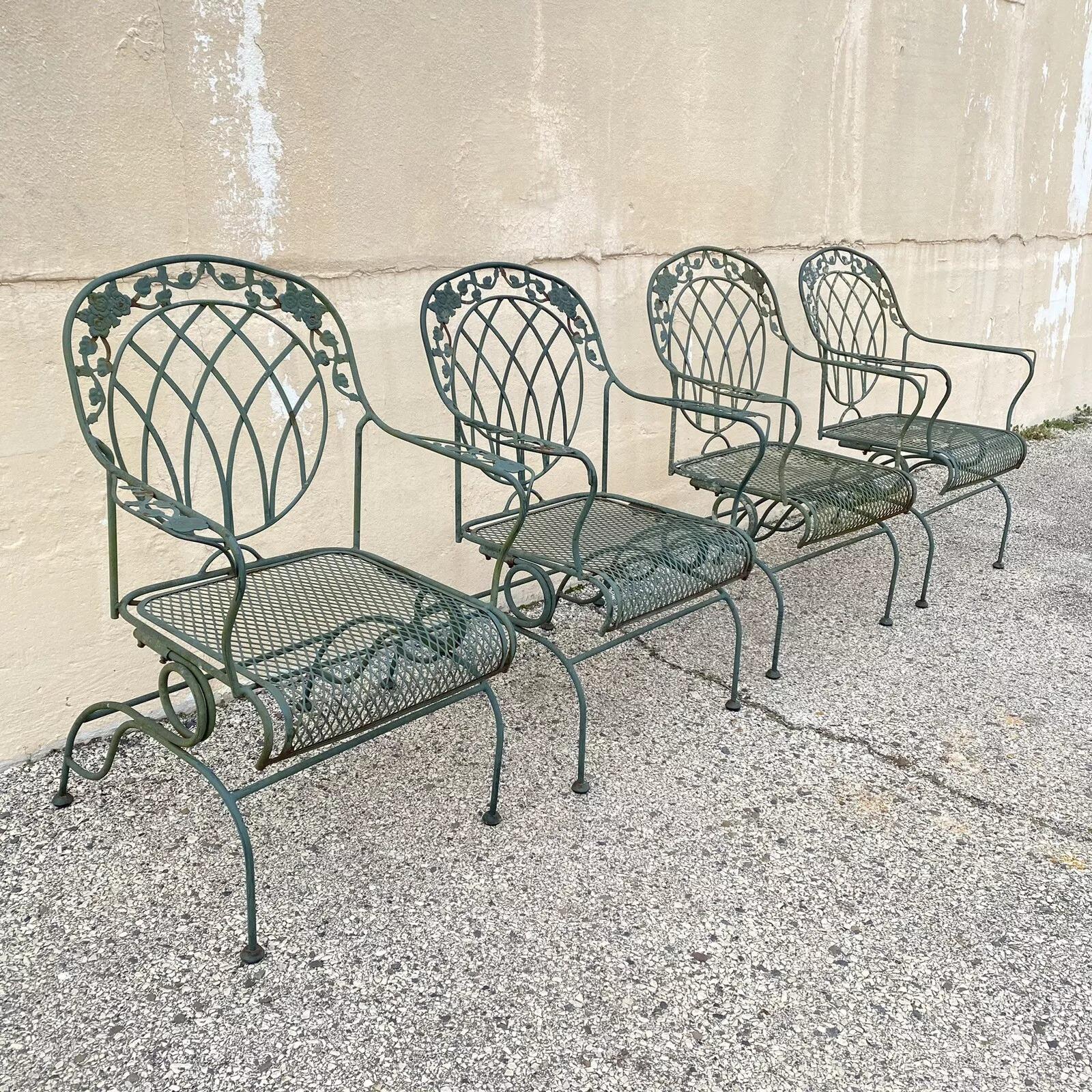 Victorian Wrought Iron Green Woodard Rose Style Garden Patio Springer Chairs - Set of 4 For Sale