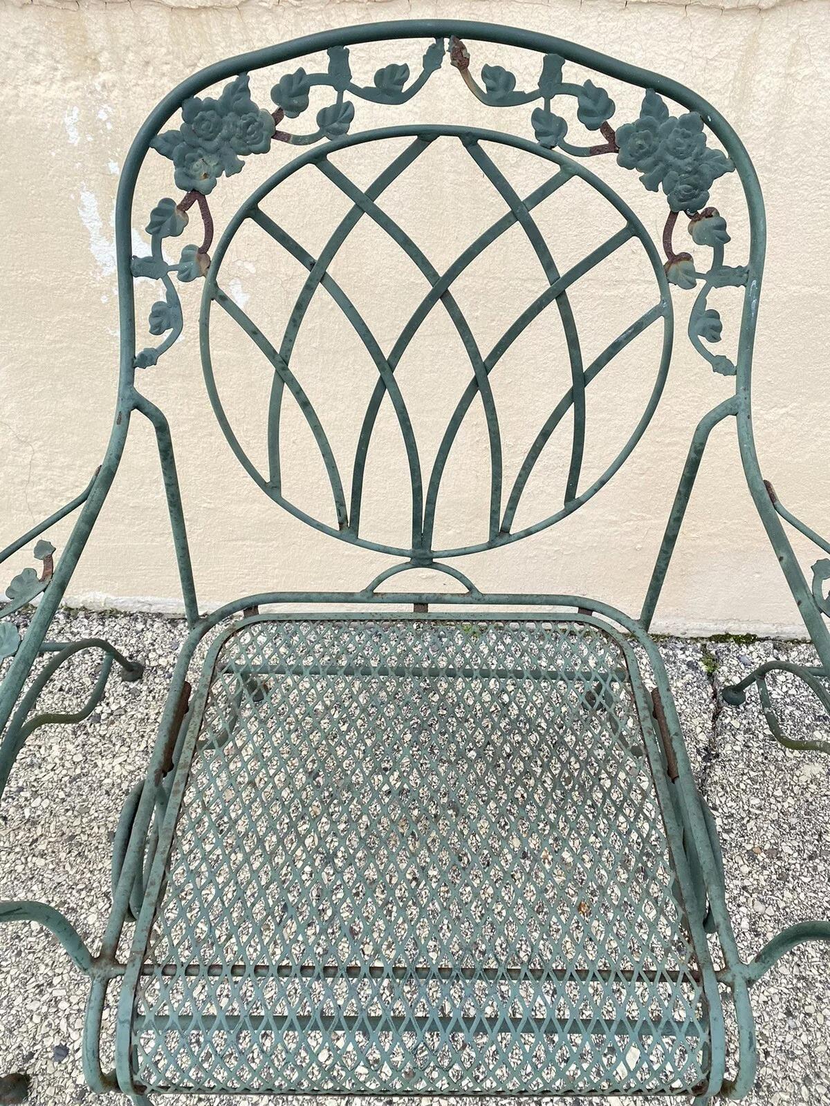 20th Century Wrought Iron Green Woodard Rose Style Garden Patio Springer Chairs - Set of 4 For Sale