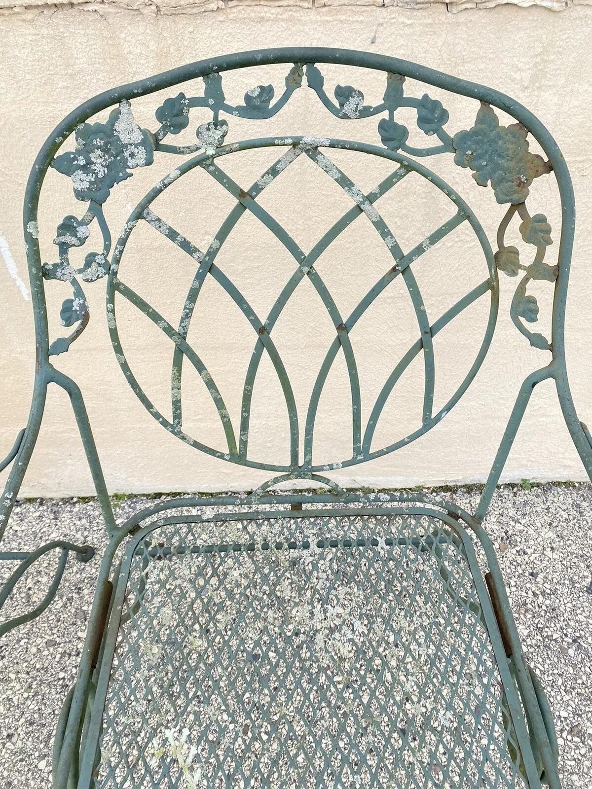 Wrought Iron Green Woodard Rose Style Garden Patio Springer Chairs - Set of 4 For Sale 1