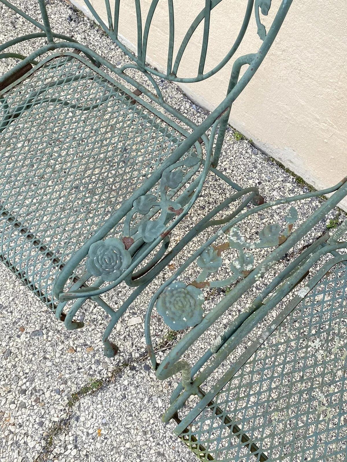 Wrought Iron Green Woodard Rose Style Garden Patio Springer Chairs - Set of 4 3