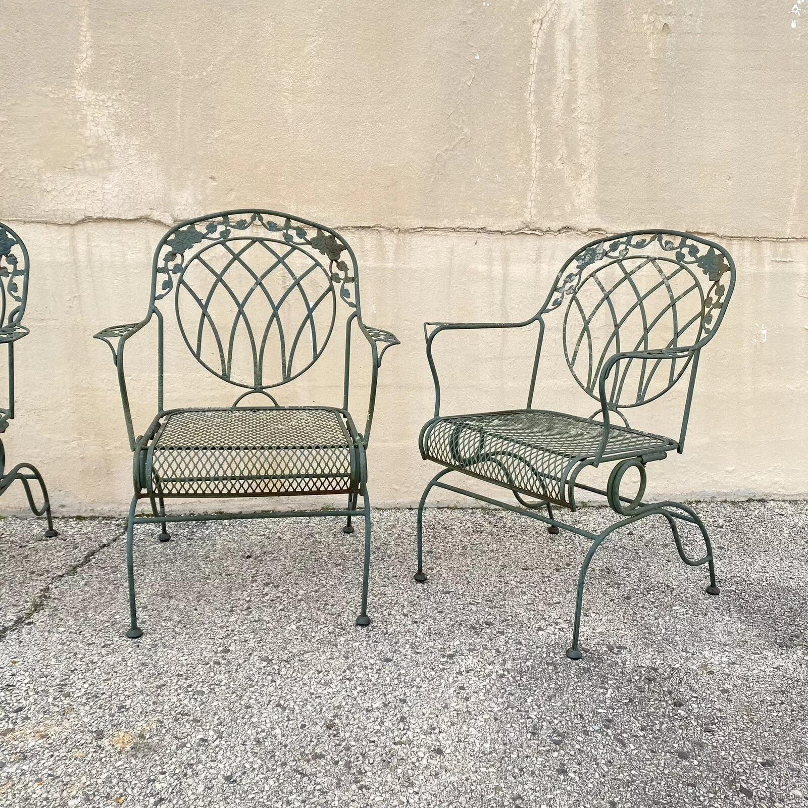 Wrought Iron Green Woodard Rose Style Garden Patio Springer Chairs - Set of 4 For Sale 4