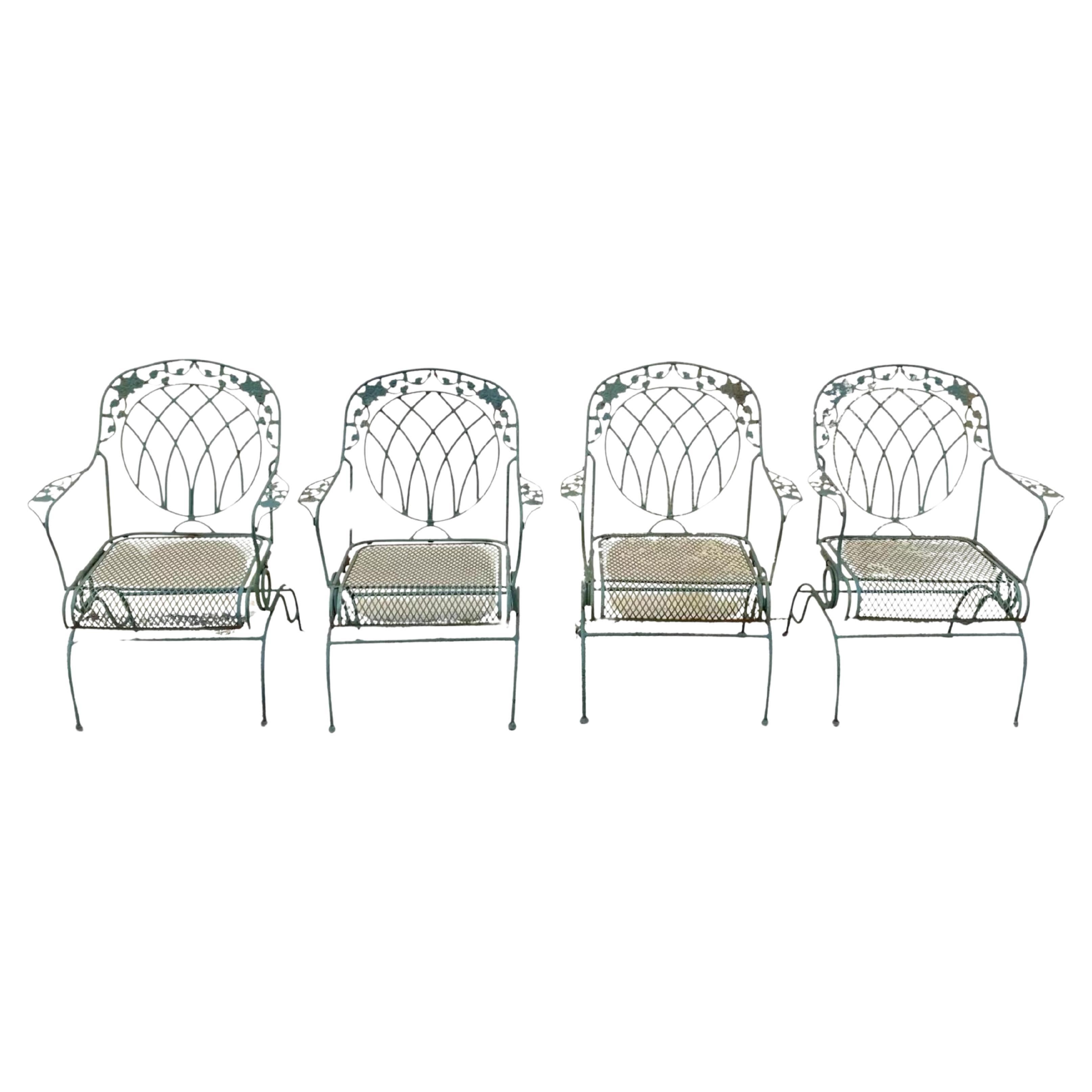 Wrought Iron Green Woodard Rose Style Garden Patio Springer Chairs - Set of 4 For Sale
