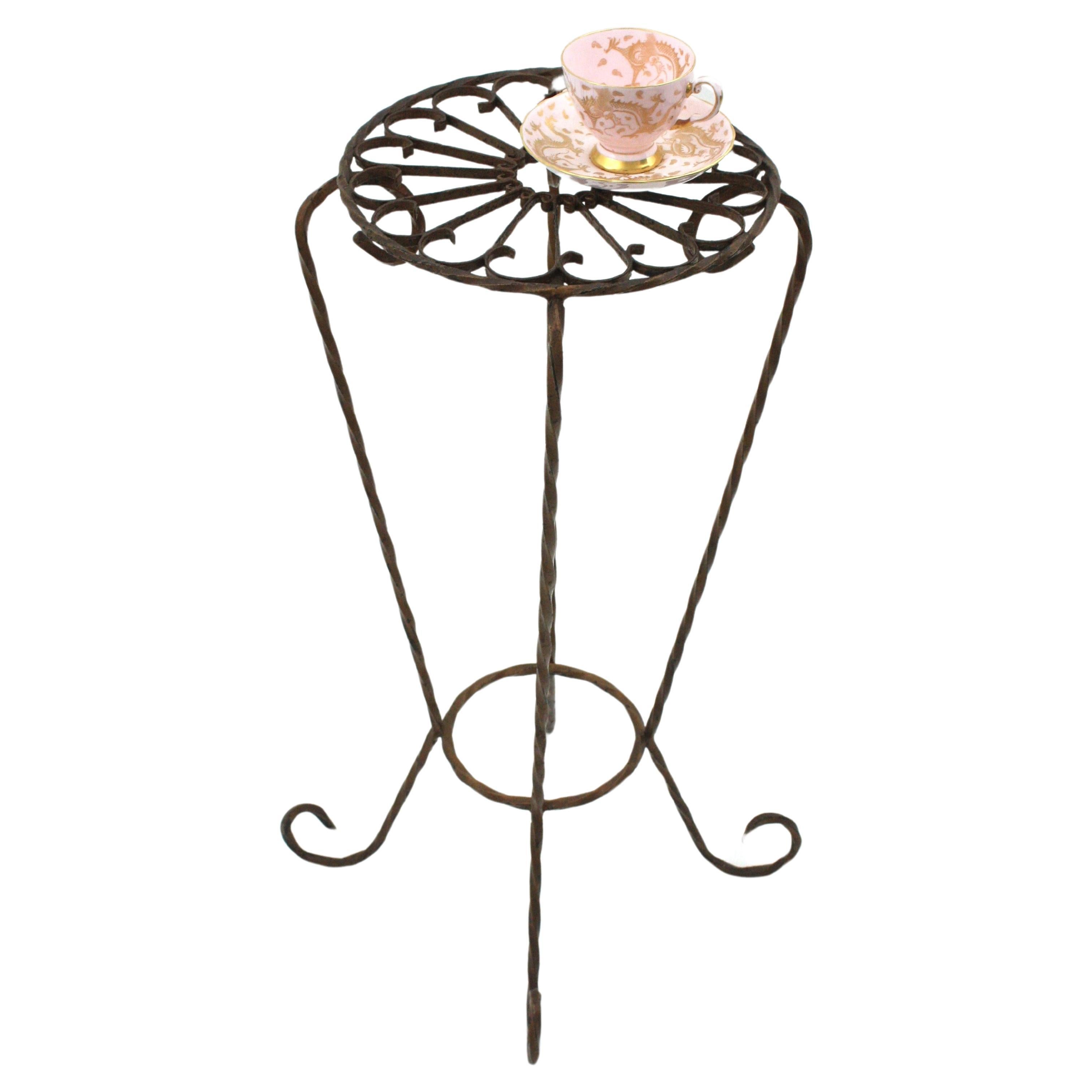 Forged Spanish Wrought Iron Side Table Gueridon / Drinks Table with Scrollwork Top For Sale