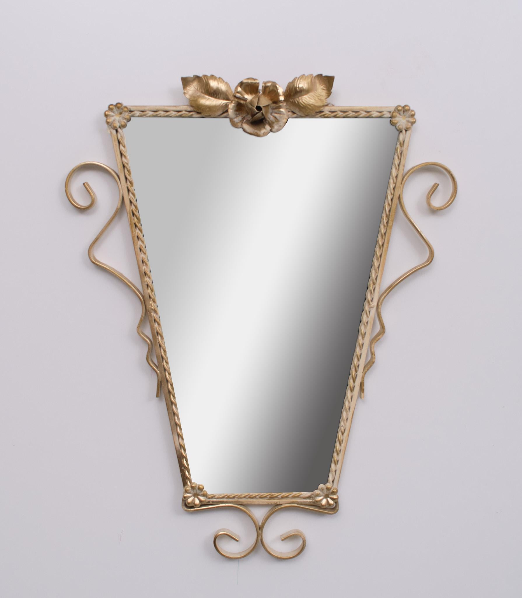 Very nice elegant hall set, three pieces wrought iron. Creme color with Gold color accents. 1950s Mirror with rose Console table Halve Moon, comes with a Glass top. And a umbrella stand.
Mirror H 50 cm W 40cm Umbrella stand H 52 cm D 35 cm Console