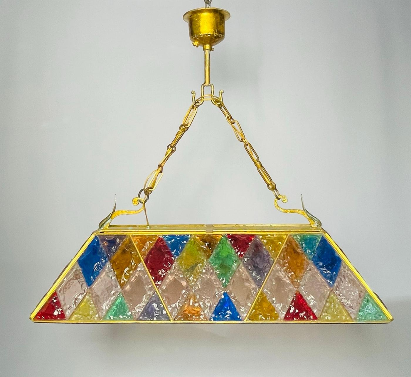 Italian Wrought Iron & Hammered Glass Chandelier by Longobard, Italy, 1970s For Sale