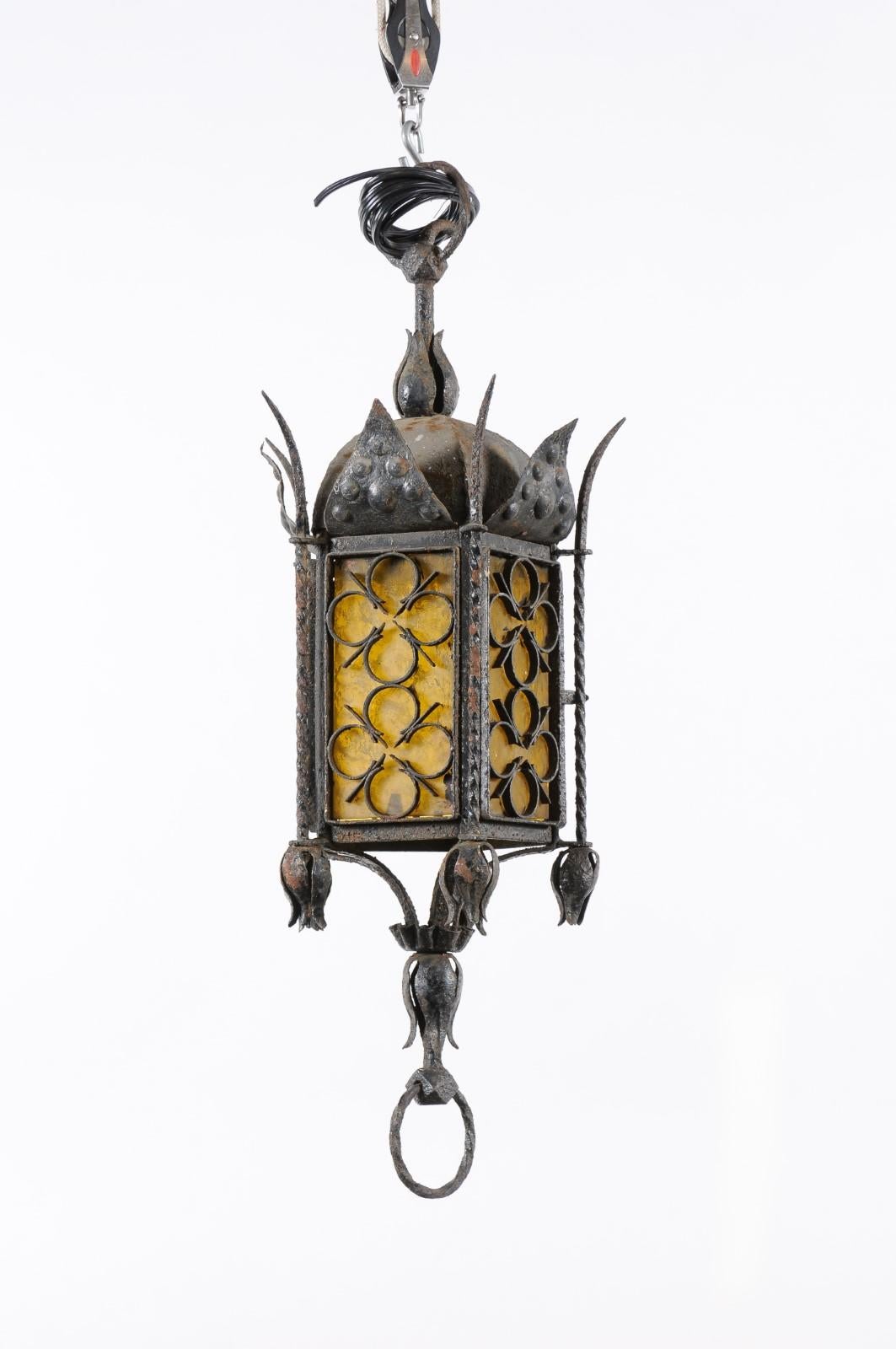 Wrought Iron Hanging Lanterns with Amber Glass, SET OF 3, PRICE PER EACH For Sale 5