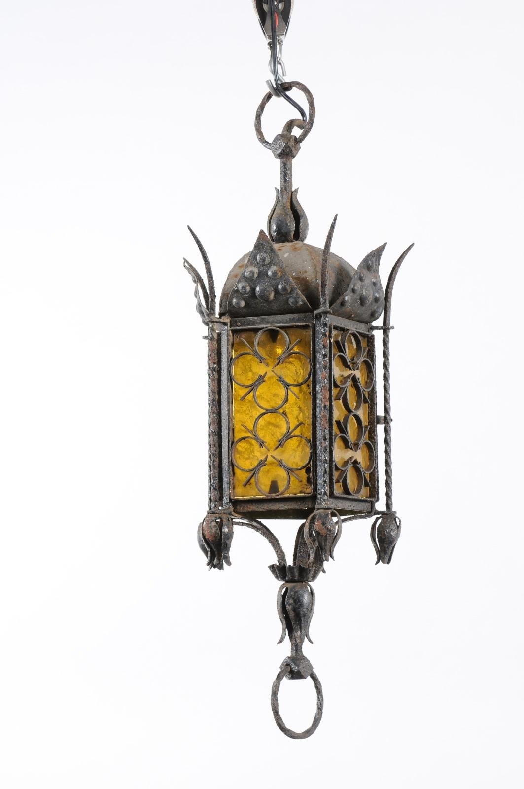 Wrought Iron Hanging Lanterns with Amber Glass, SET OF 3, PRICE PER EACH For Sale 6