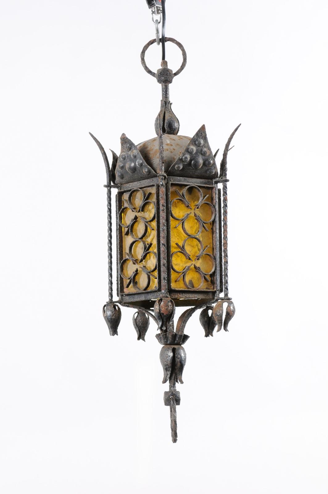 Wrought Iron Hanging Lanterns with Amber Glass, SET OF 3, PRICE PER EACH For Sale 7