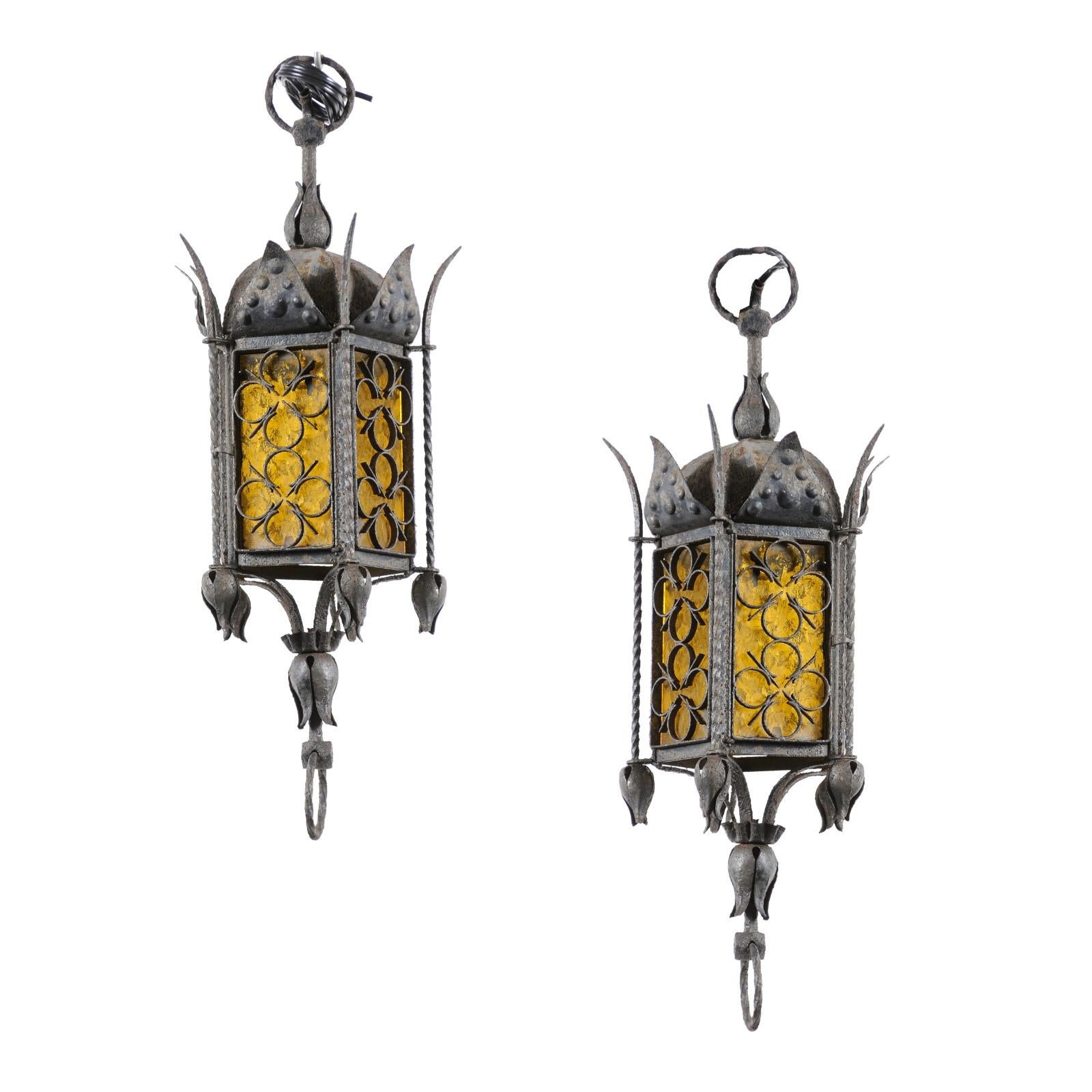 Set of 3 Wrought Iron Hanging Lanterns with Amber Glass, Italy late 19th Century. PRICE PER EACH.