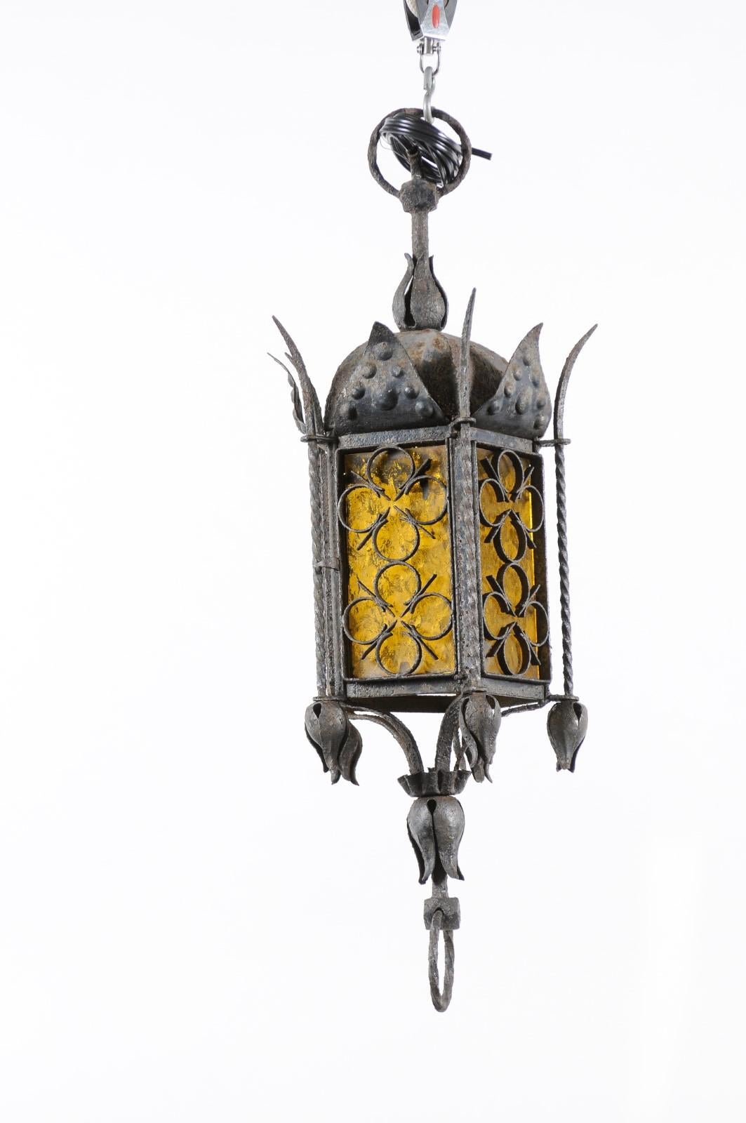 Italian Wrought Iron Hanging Lanterns with Amber Glass, SET OF 3, PRICE PER EACH For Sale