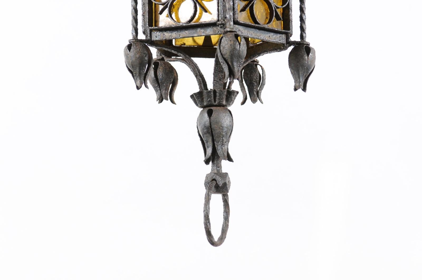 19th Century Wrought Iron Hanging Lanterns with Amber Glass, SET OF 3, PRICE PER EACH For Sale
