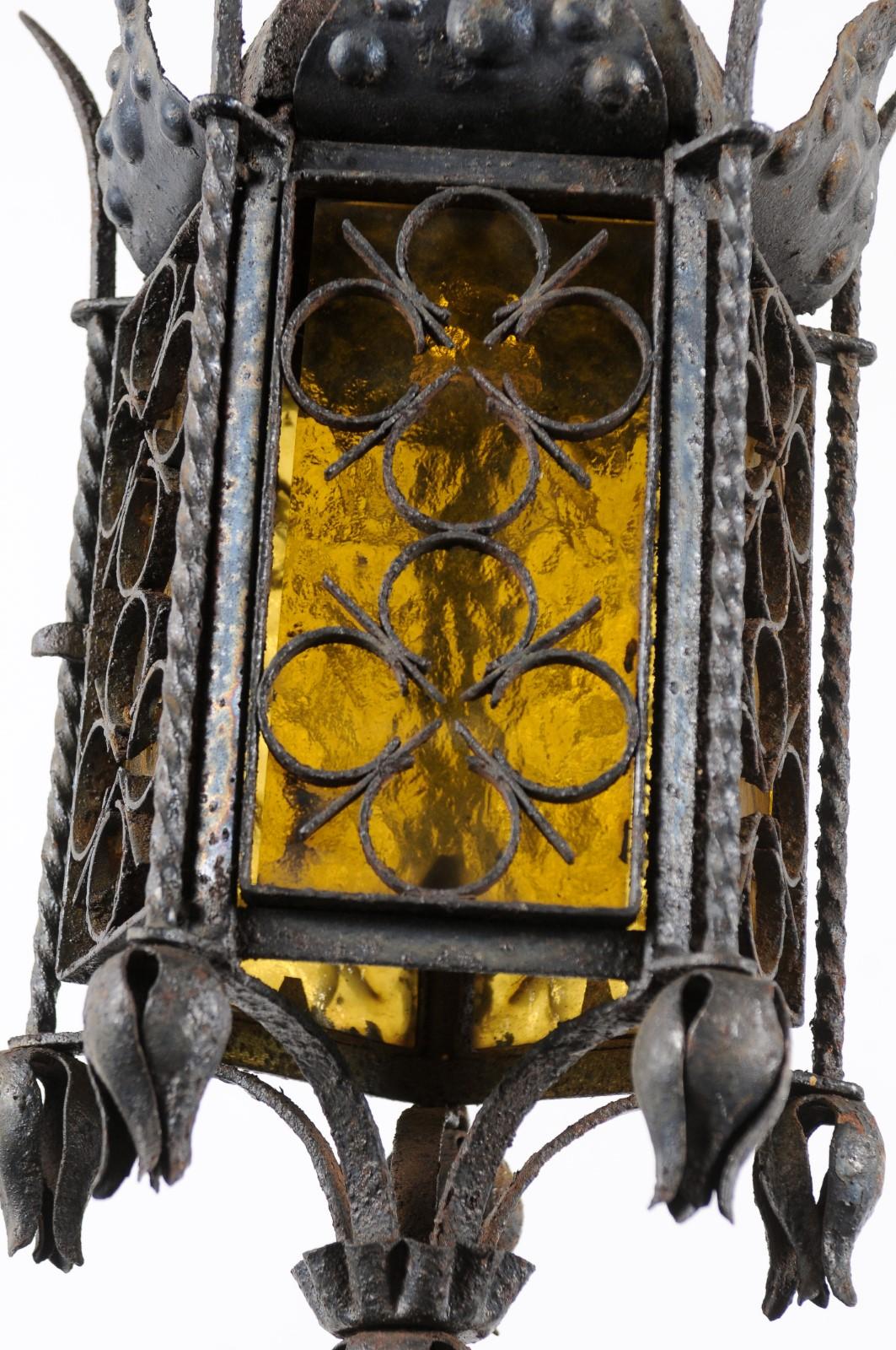 Wrought Iron Hanging Lanterns with Amber Glass, SET OF 3, PRICE PER EACH For Sale 2