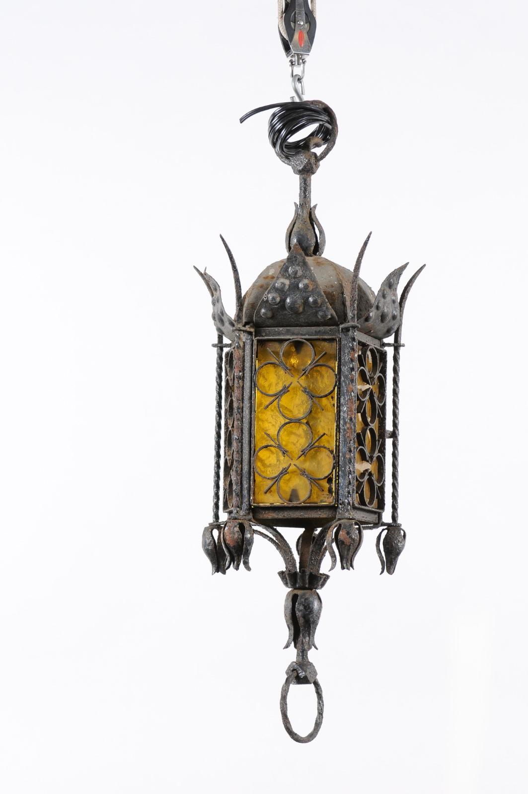 Wrought Iron Hanging Lanterns with Amber Glass, SET OF 3, PRICE PER EACH For Sale 4