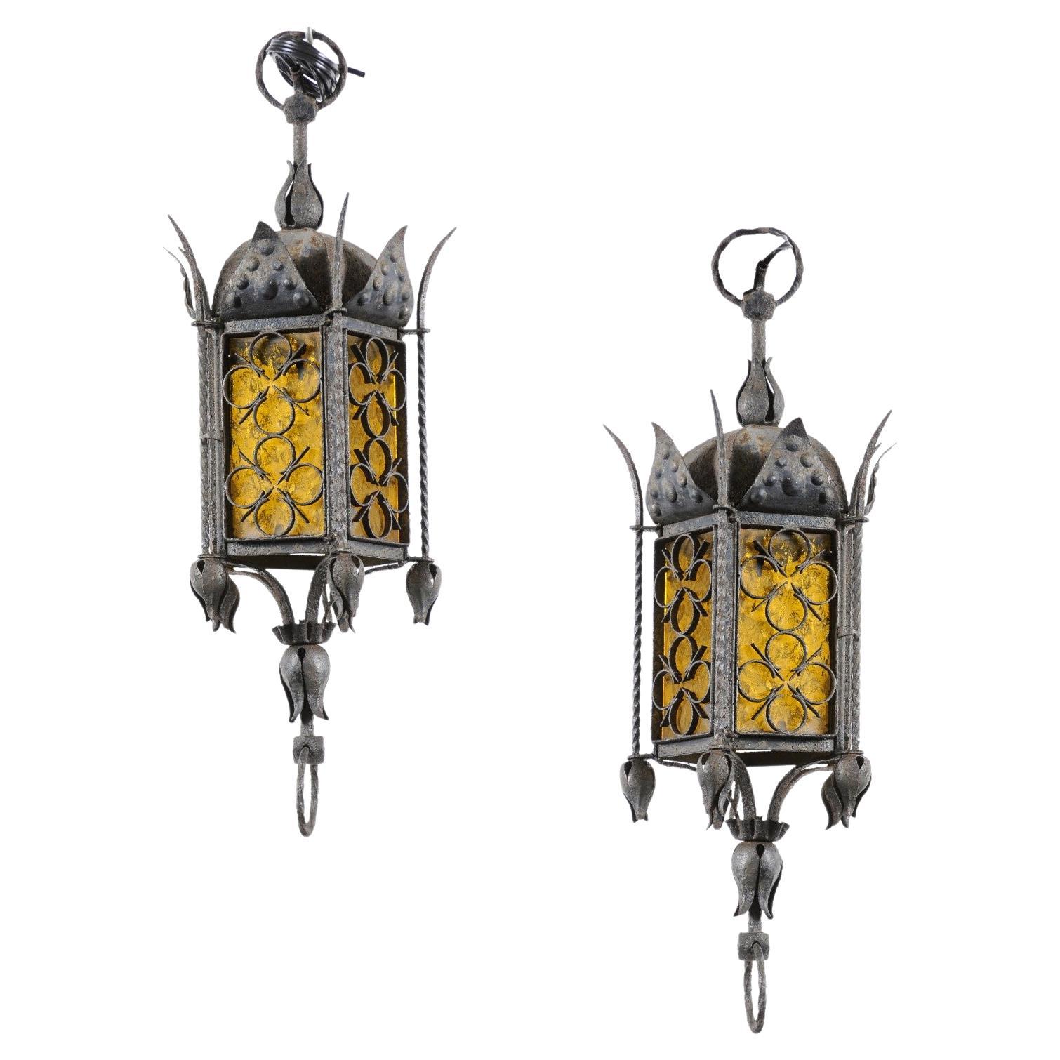 Wrought Iron Hanging Lanterns with Amber Glass, SET OF 3, PRICE PER EACH For Sale