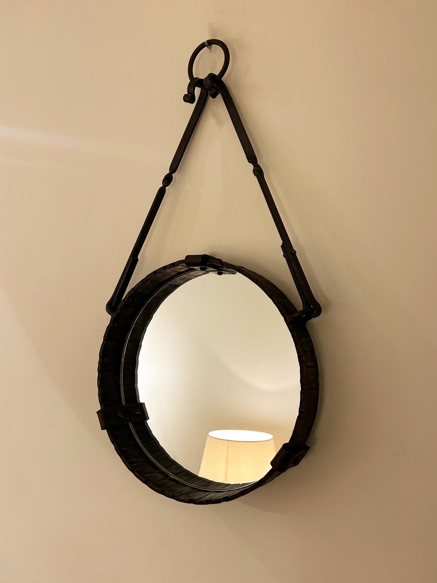Mid-Century Modern Wrought Iron Hung Mirror For Sale
