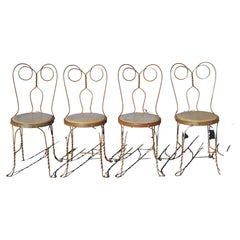 Wrought Iron Ice Cream Parlor Bistro Dining Chairs Green Distressed, Set of 4