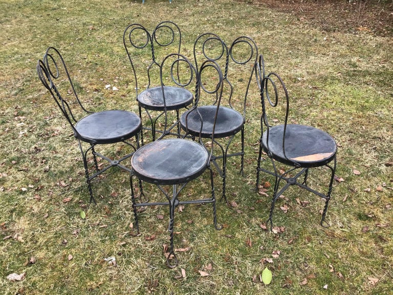 Victorian Bistro Chairs Wrought Iron Ice Cream Parlor Chairs Set of 5 Distressed For Sale
