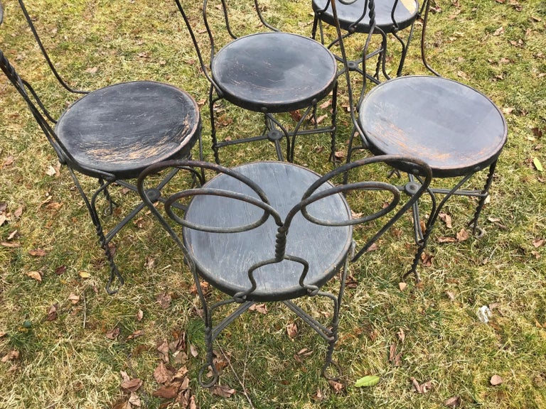 20th Century Bistro Chairs Wrought Iron Ice Cream Parlor Chairs Set of 5 Distressed For Sale