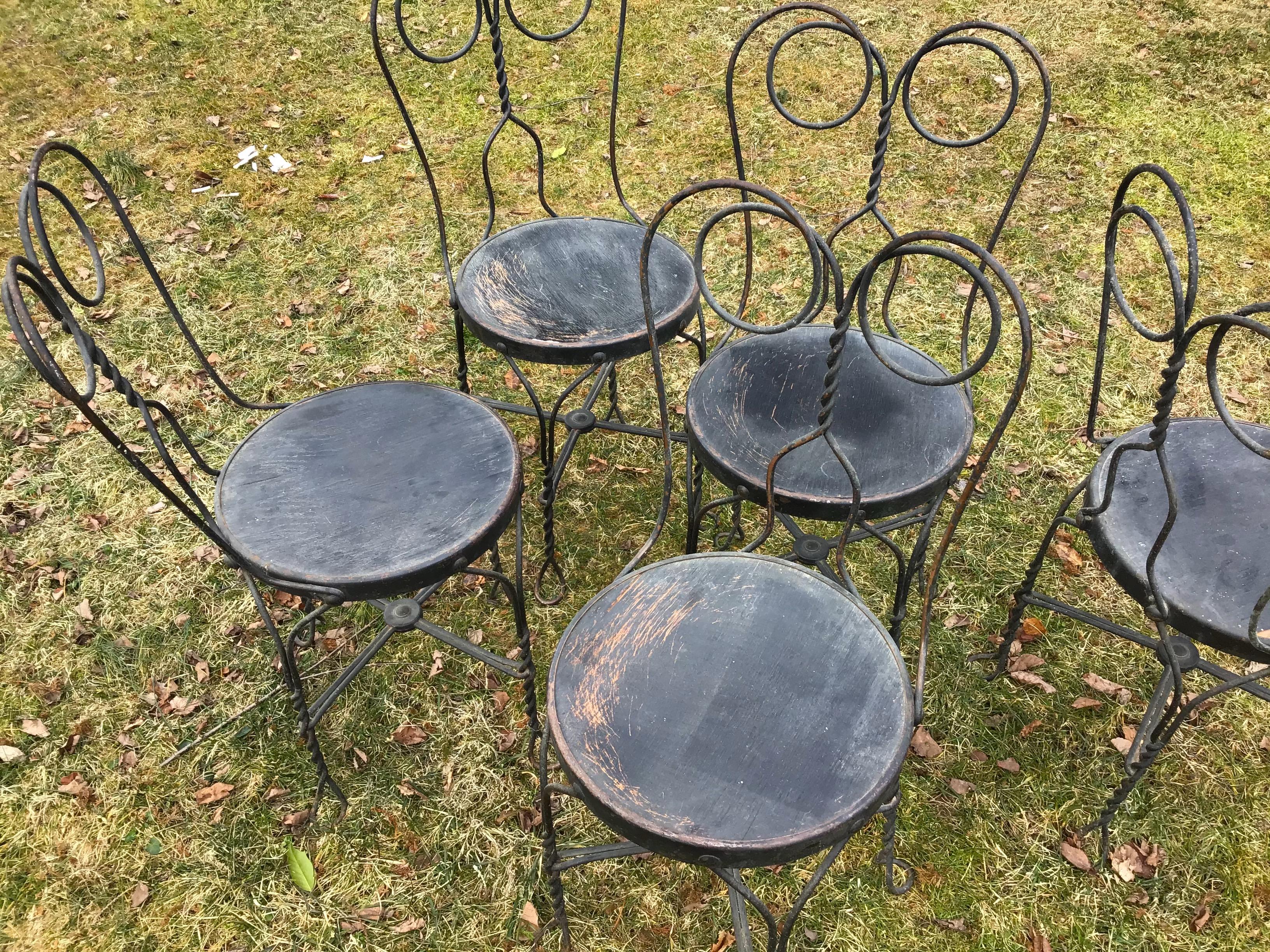American Bistro Chairs Wrought Iron Ice Cream Parlor Chairs Set of 5 Distressed For Sale