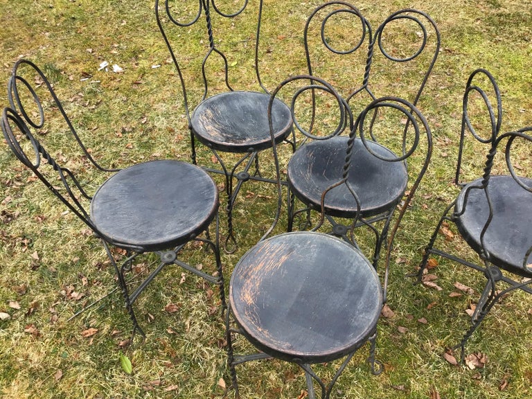 Wood Bistro Chairs Wrought Iron Ice Cream Parlor Chairs Set of 5 Distressed For Sale