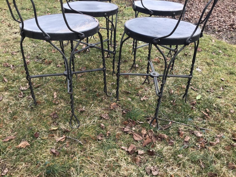 Bistro Chairs Wrought Iron Ice Cream Parlor Chairs Set of 5 Distressed For Sale 1