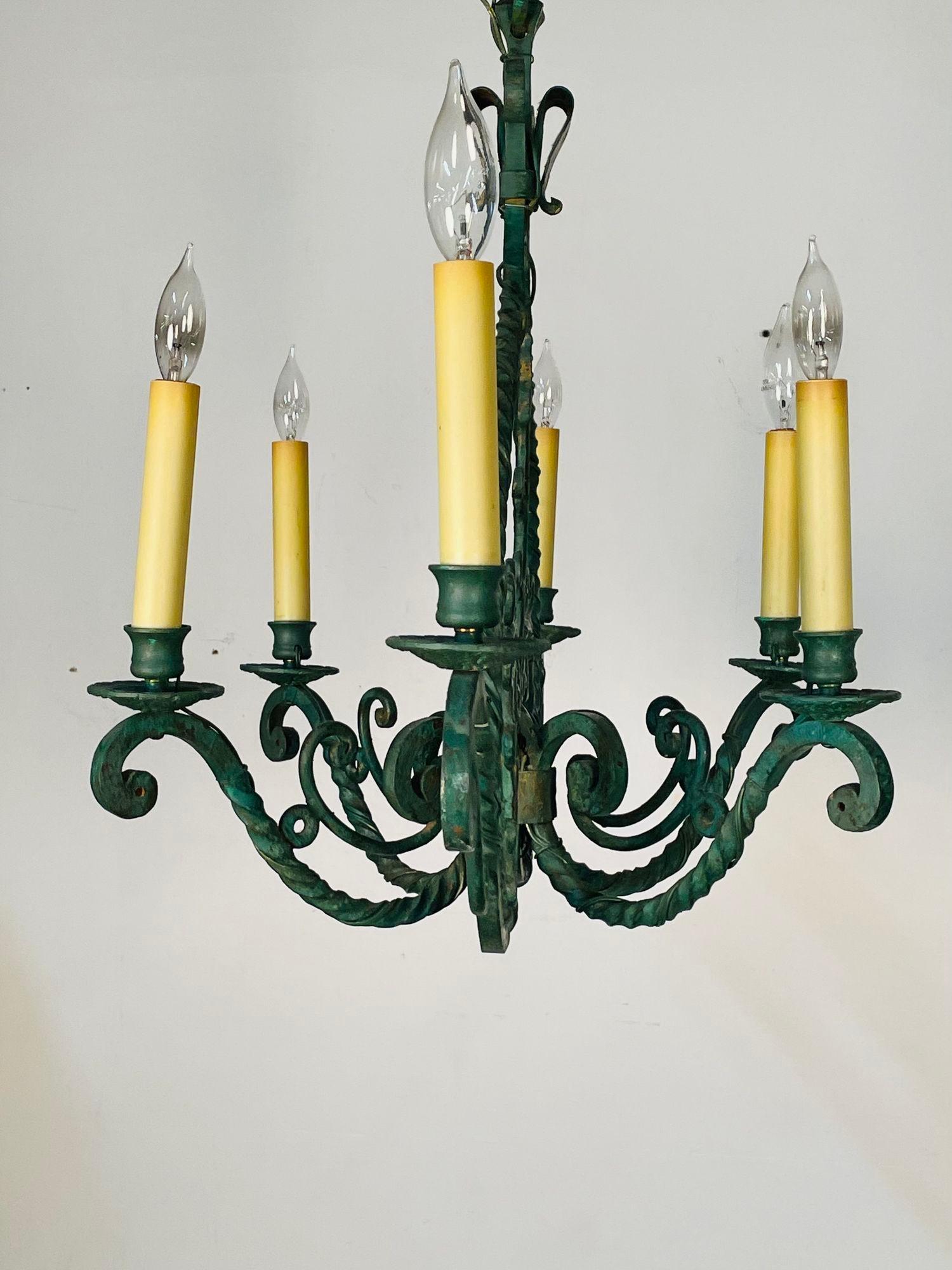 Wrought Iron Industrial Green Painted Chandelier, Circa 1930s For Sale 4