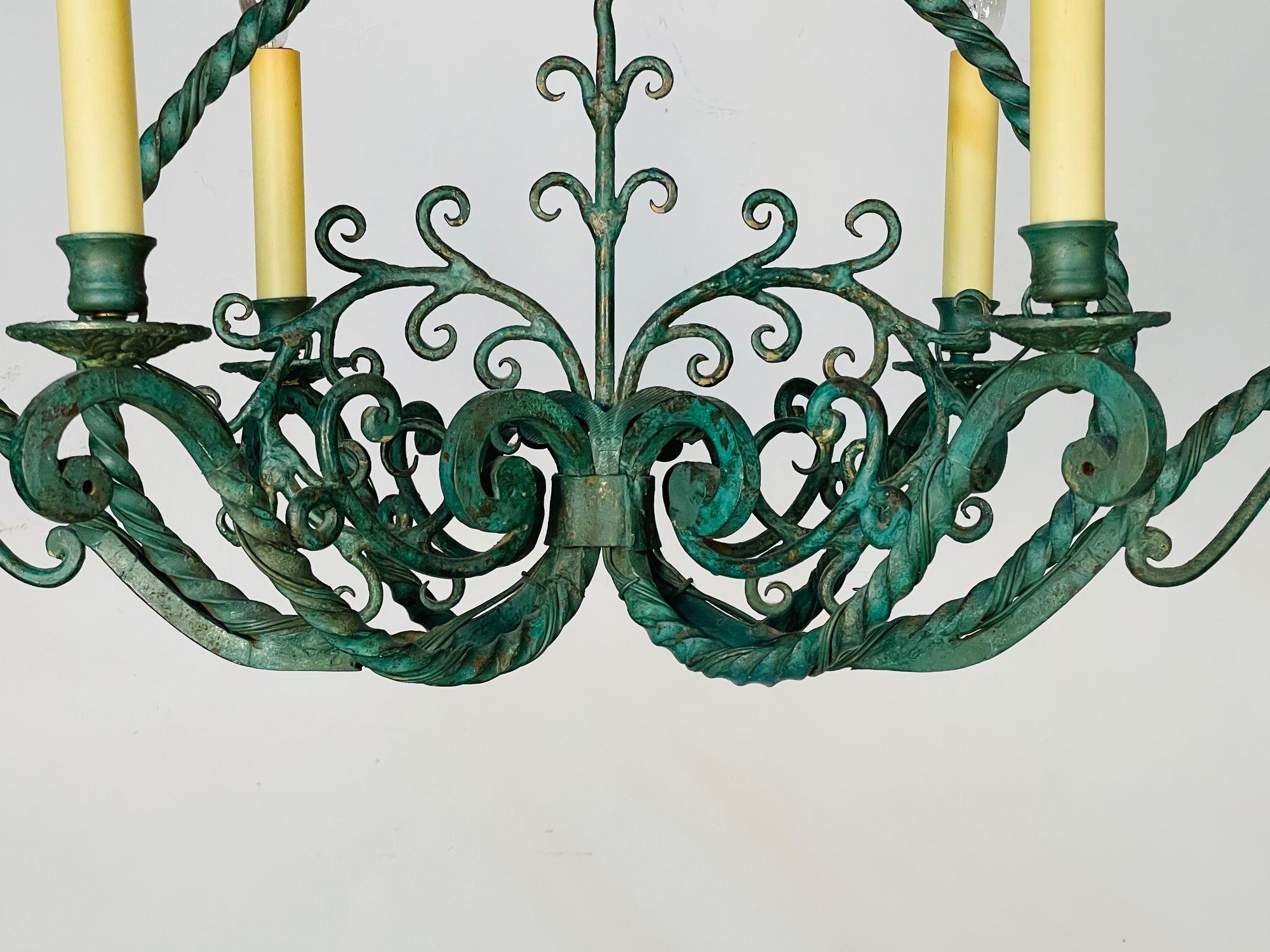Wrought Iron Industrial Green Painted Chandelier, Circa 1930s For Sale 5