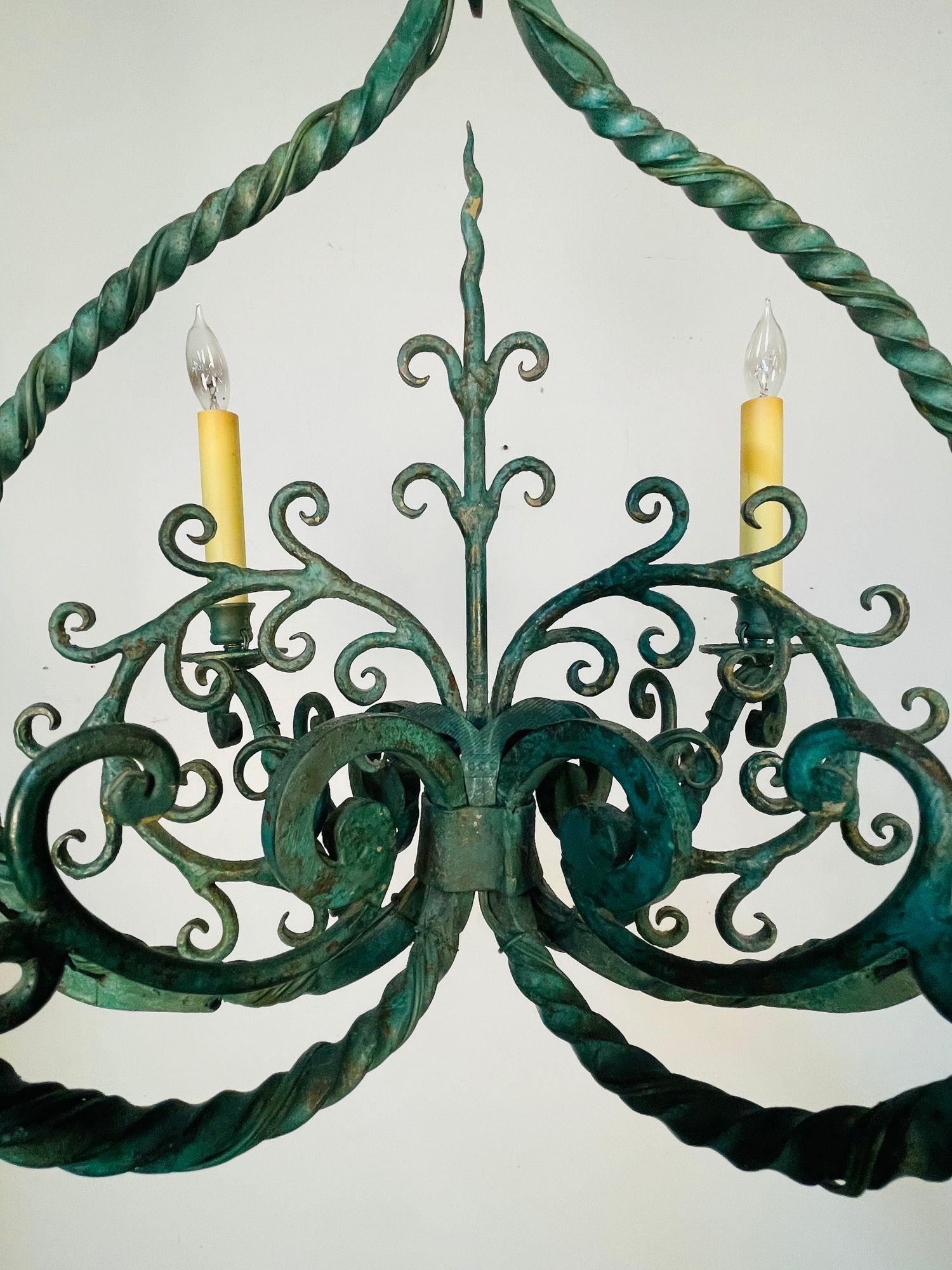 Wrought Iron Industrial Green Painted Chandelier, Circa 1930s In Good Condition For Sale In Stamford, CT