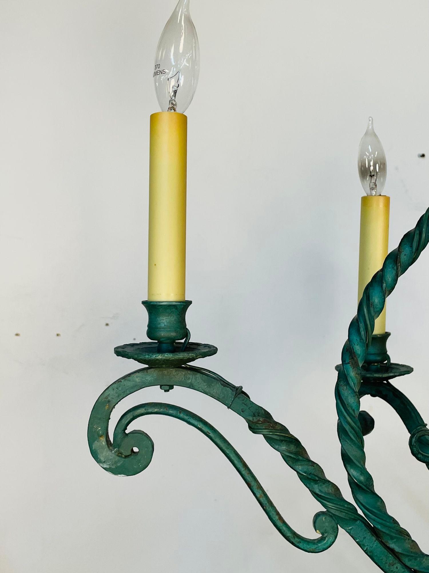 20th Century Wrought Iron Industrial Green Painted Chandelier, Circa 1930s For Sale