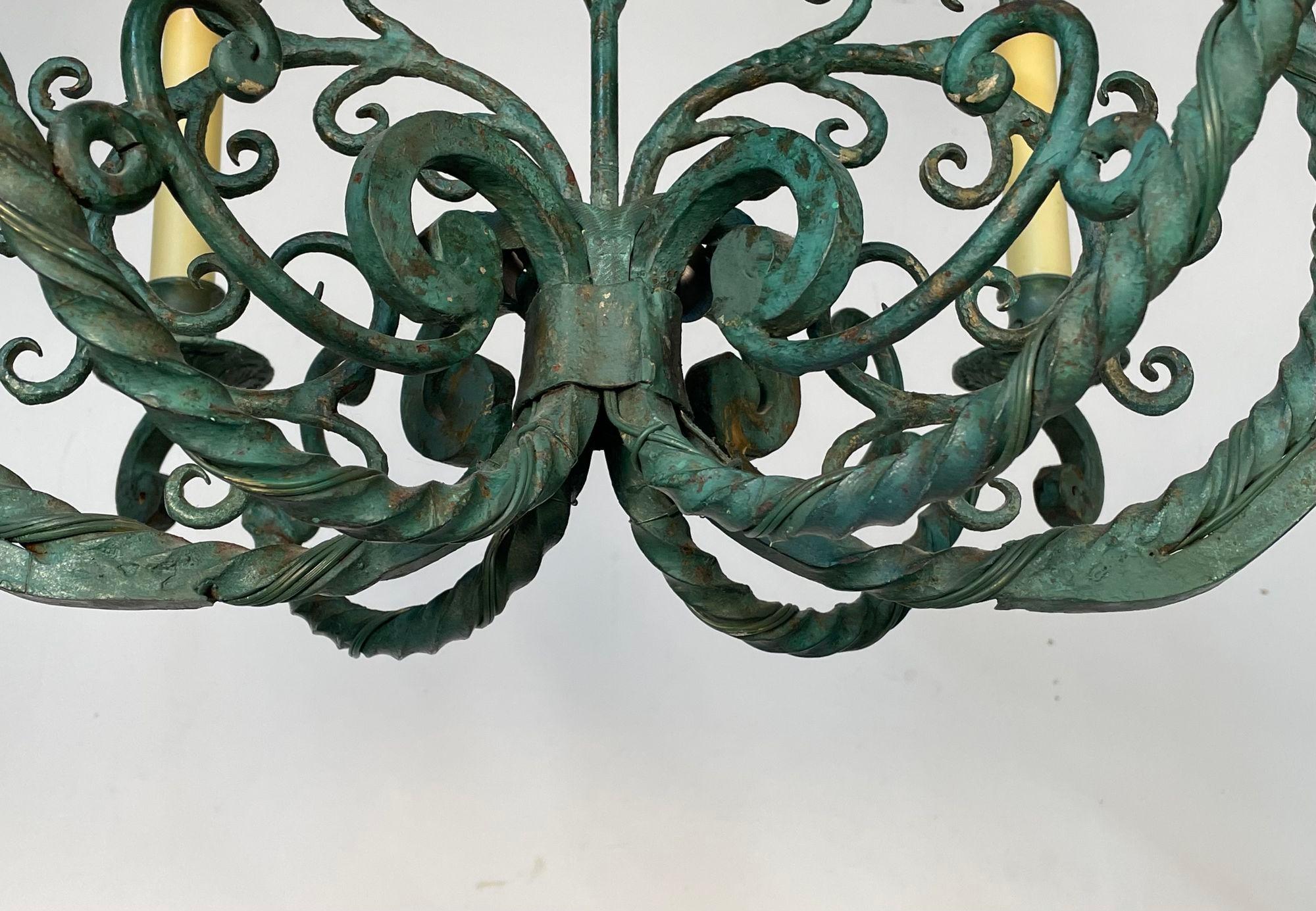Brass Wrought Iron Industrial Green Painted Chandelier, Circa 1930s For Sale