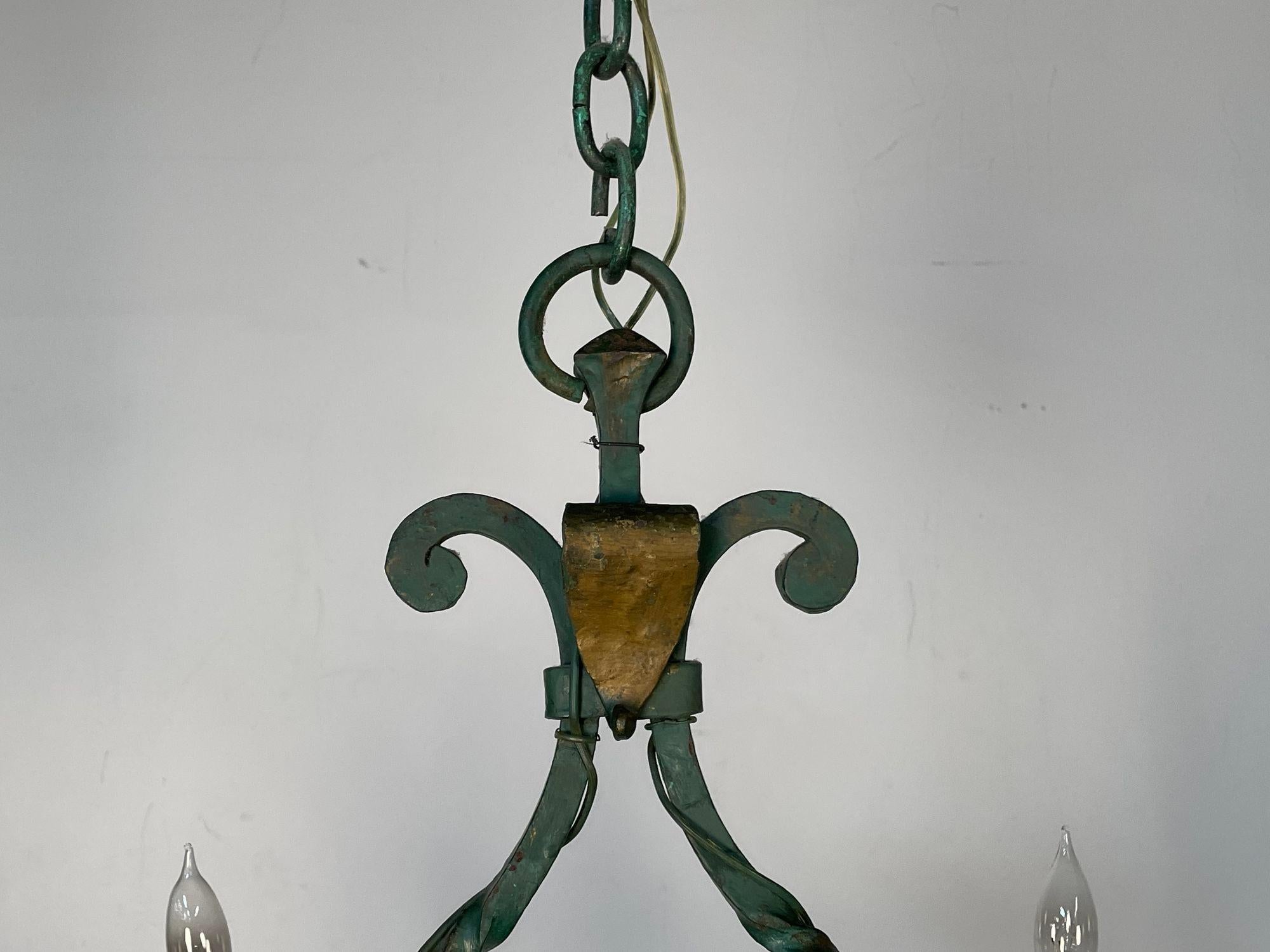 Wrought Iron Industrial Green Painted Chandelier, Circa 1930s For Sale 1