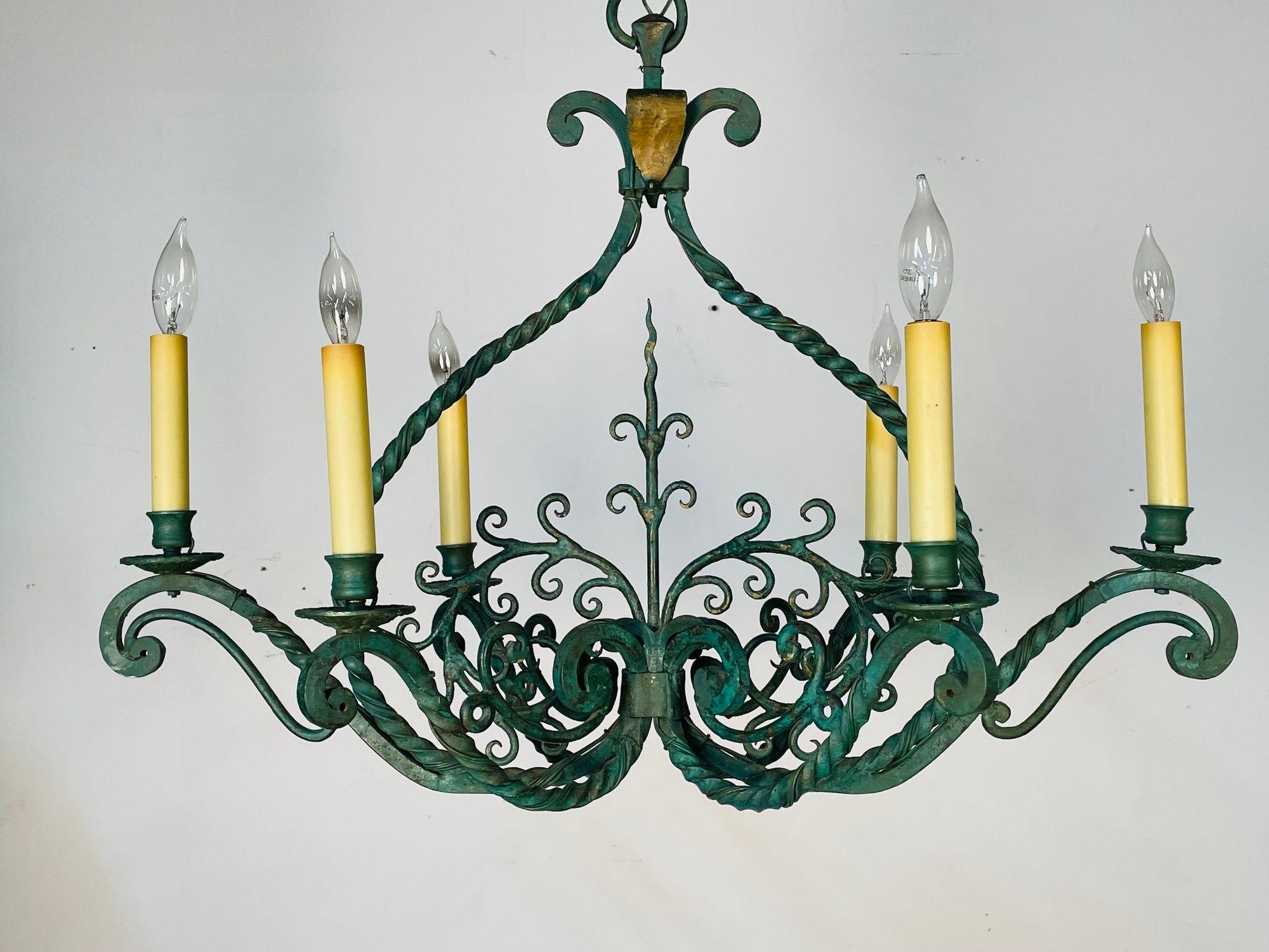 Wrought Iron Industrial Green Painted Chandelier, Circa 1930s For Sale 2
