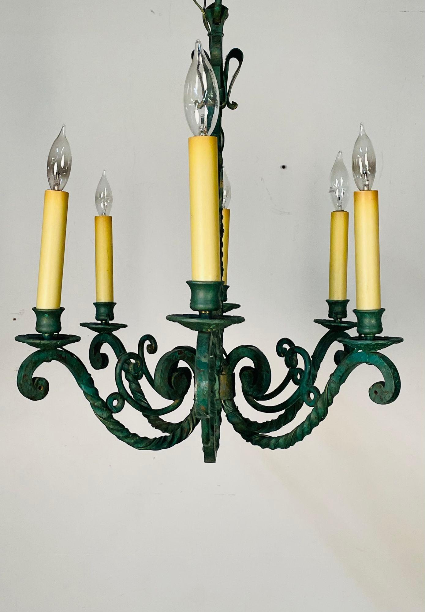 Wrought Iron Industrial Green Painted Chandelier, Circa 1930s For Sale 3