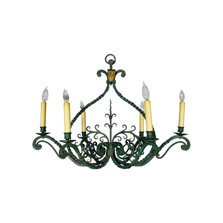 Lustre industriel en fer forgé peint en vert, vers 1930